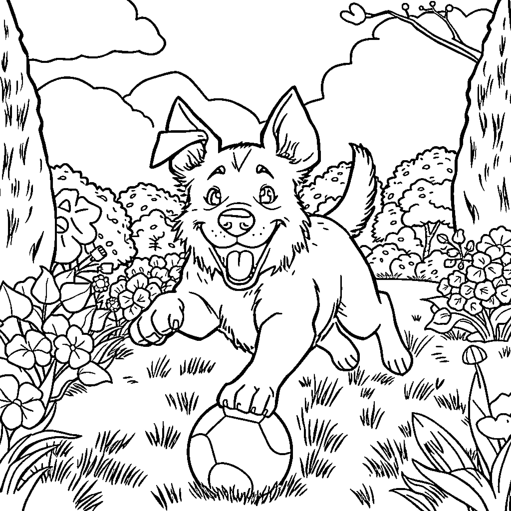 Dog playing joyfully in a nature scene Coloring Page (free black-and-white line drawing printable PDF for all, from beginners to advanced learners, including children, teens, adults, and seniors)