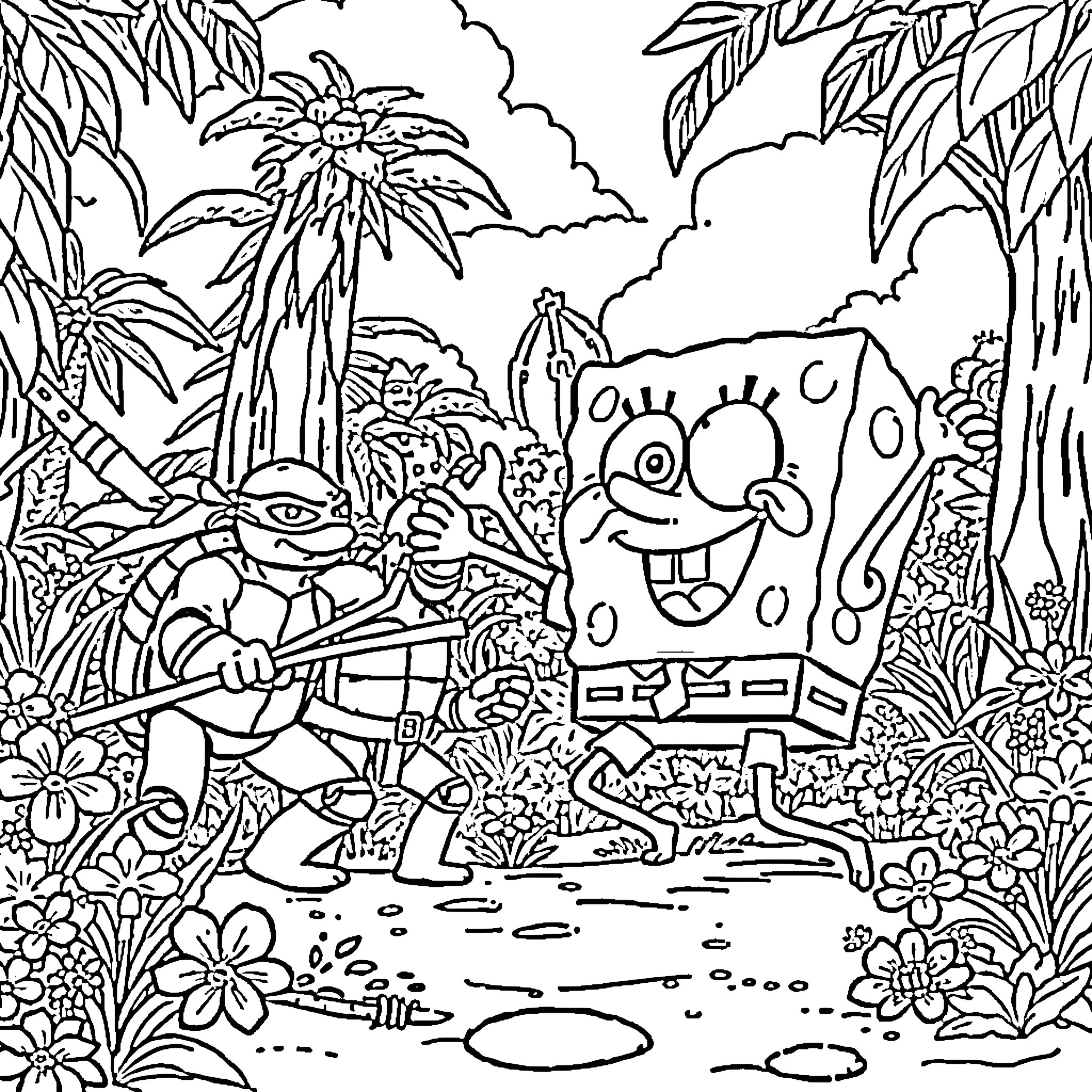 Spongebob and friends in the tropical jungle adventure Coloring Page (free black-and-white line drawing printable PDF for all, from beginners to advanced learners, including children, teens, adults, and seniors)