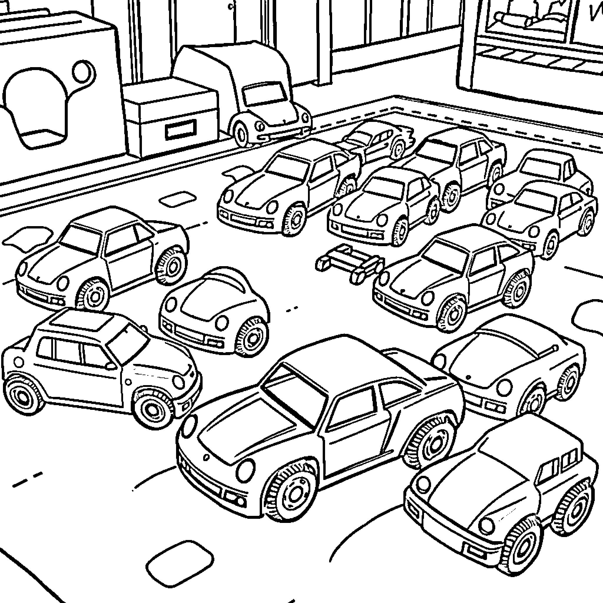 Toy Car Collection in the Garage Coloring Page (free black-and-white line drawing printable PDF for all, from beginners to advanced learners, including children, teens, adults, and seniors)