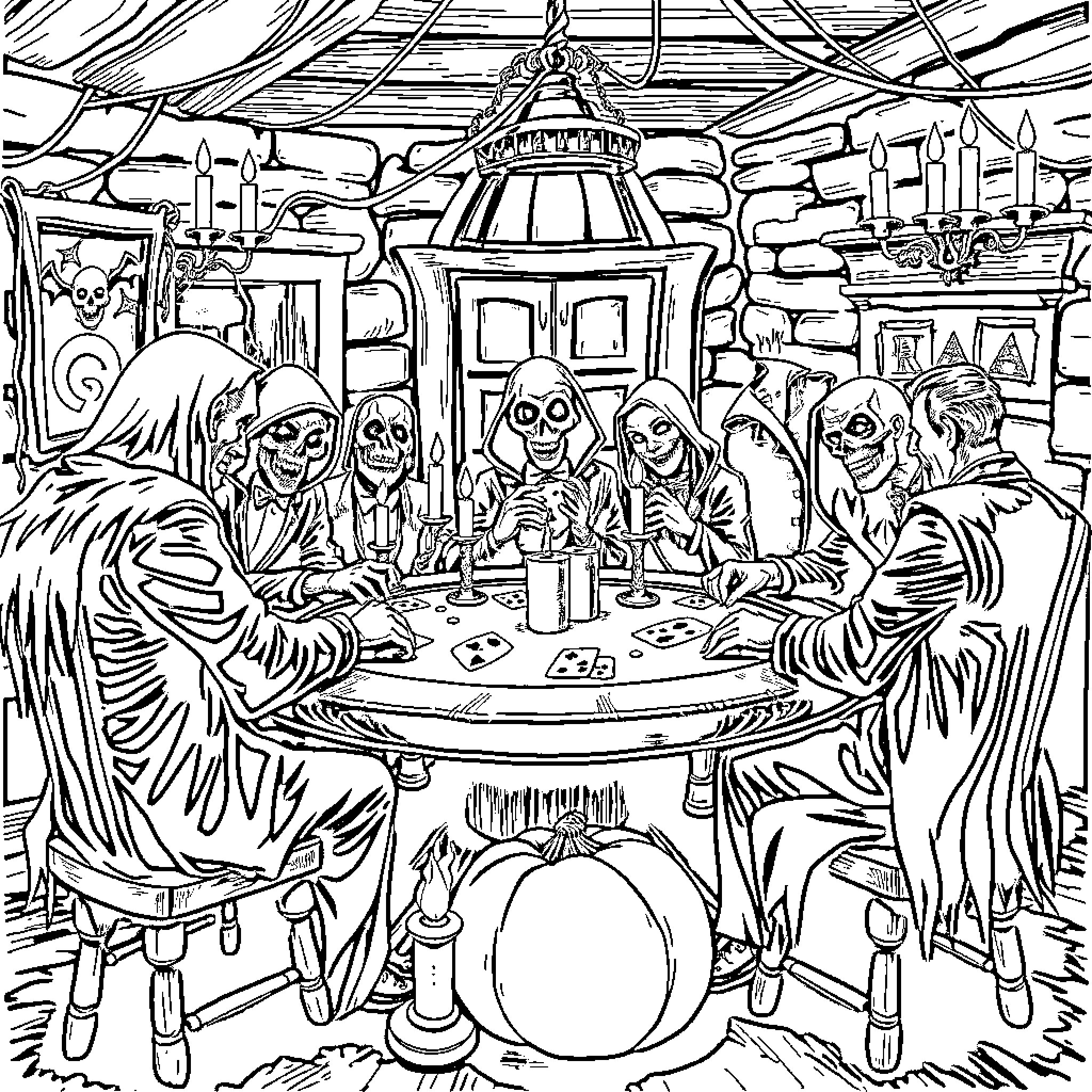 Horror Movie Icon Sinister Gathering in Haunted Tavern Coloring Page (free black-and-white line drawing printable PDF for all, from beginners to advanced learners, including children, teens, adults, and seniors)