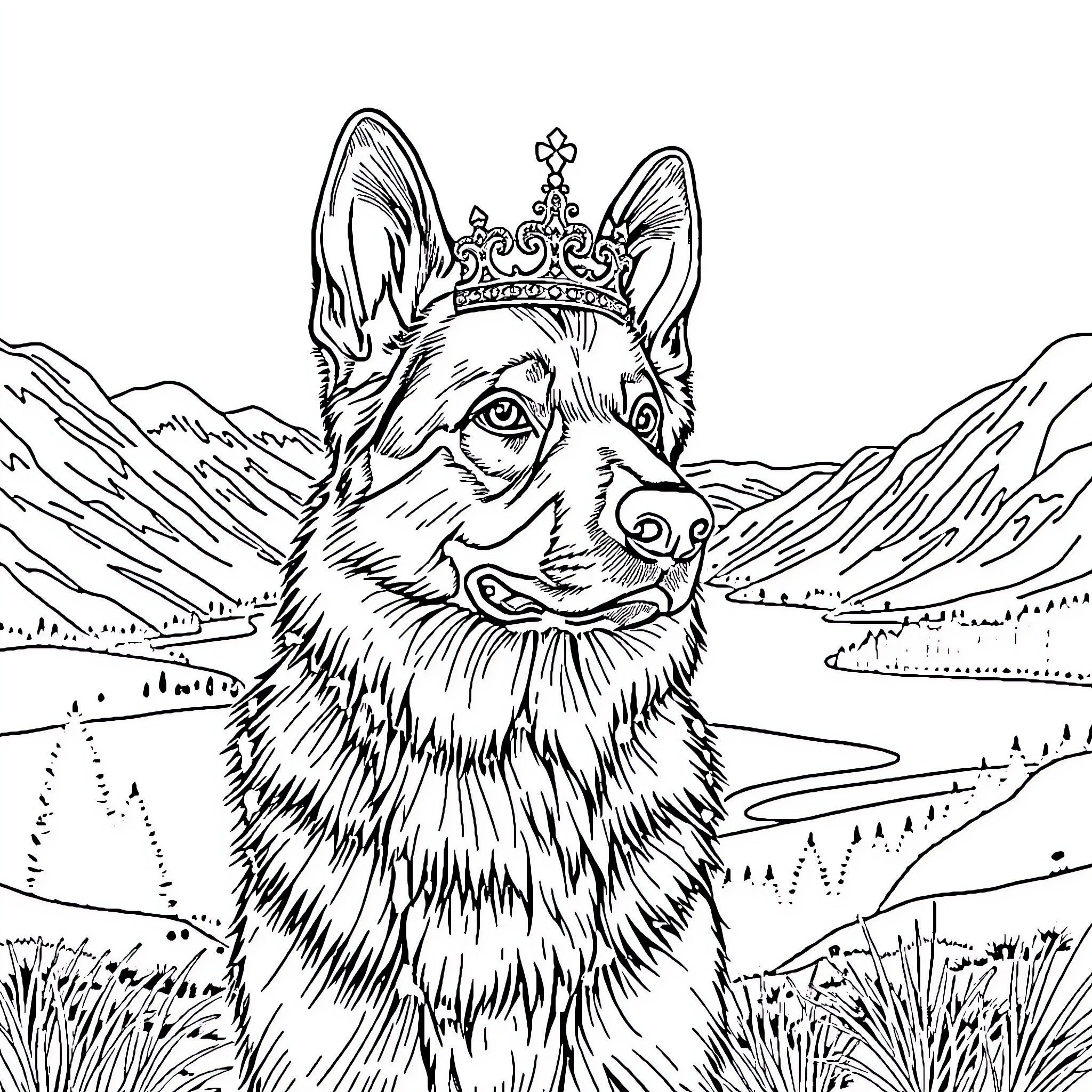 German Shepherd Wearing a Crown in a Scenic Landscape Coloring Page (free black-and-white line drawing printable PDF for all, from beginners to advanced learners, including children, teens, adults, and seniors)