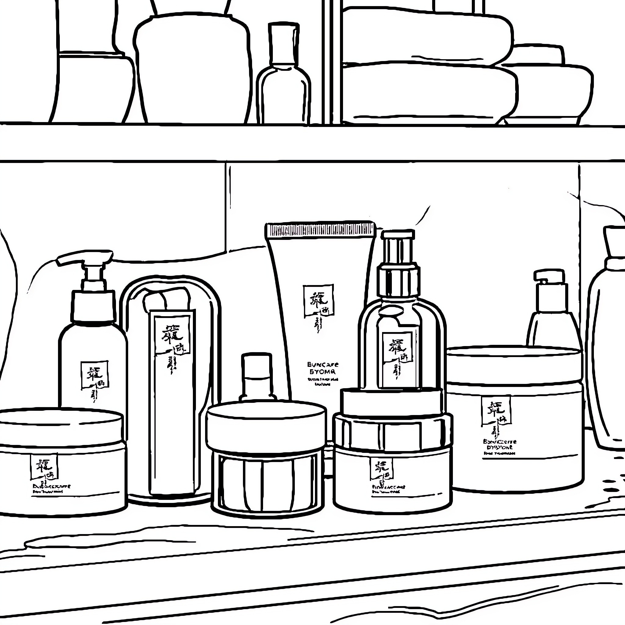 Skincare Essentials on Display Coloring Page (free black-and-white line drawing printable PDF for all, from beginners to advanced learners, including children, teens, adults, and seniors)