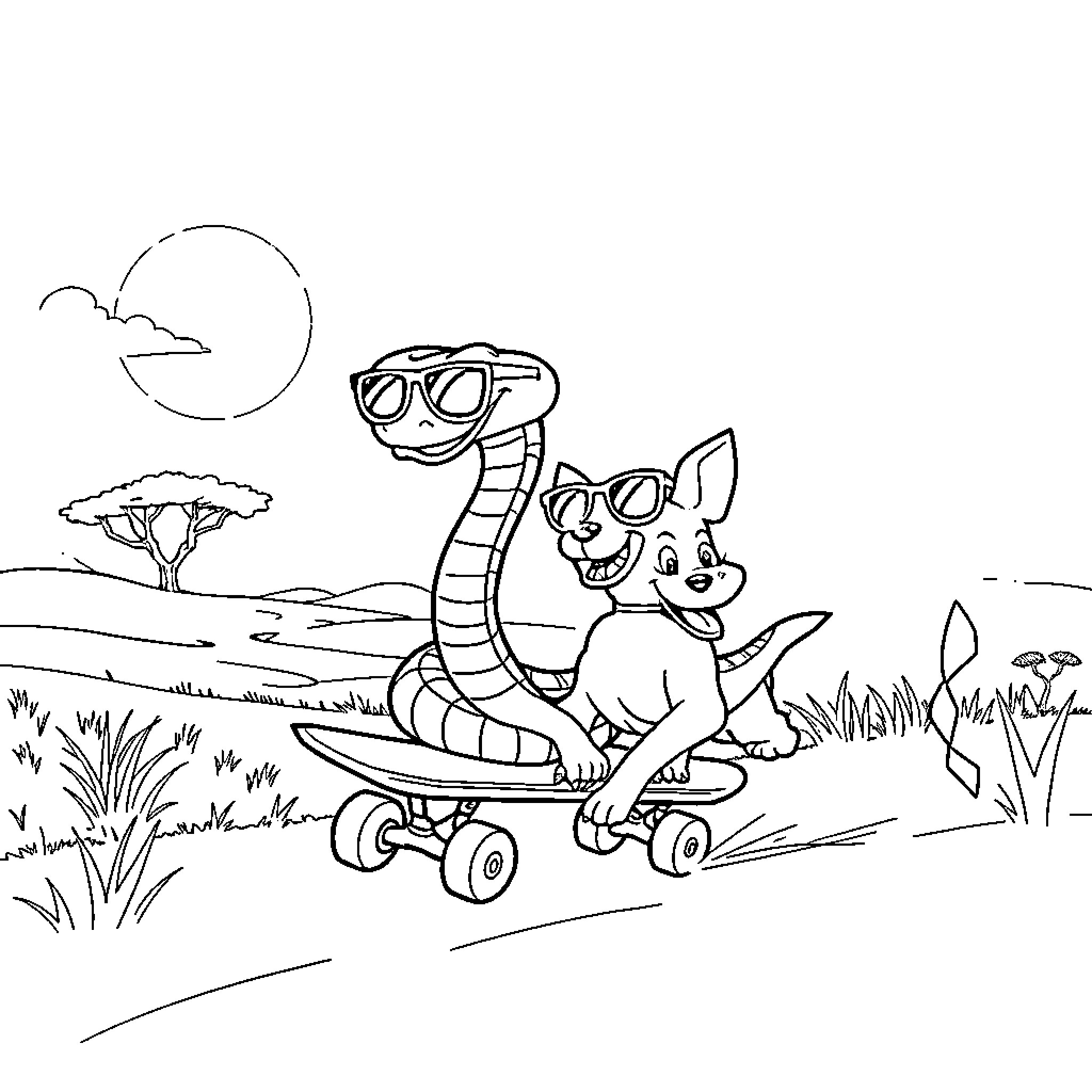 Snake and dog friends skateboarding through the savanna Coloring Page (free black-and-white line drawing printable PDF for all, from beginners to advanced learners, including children, teens, adults, and seniors)