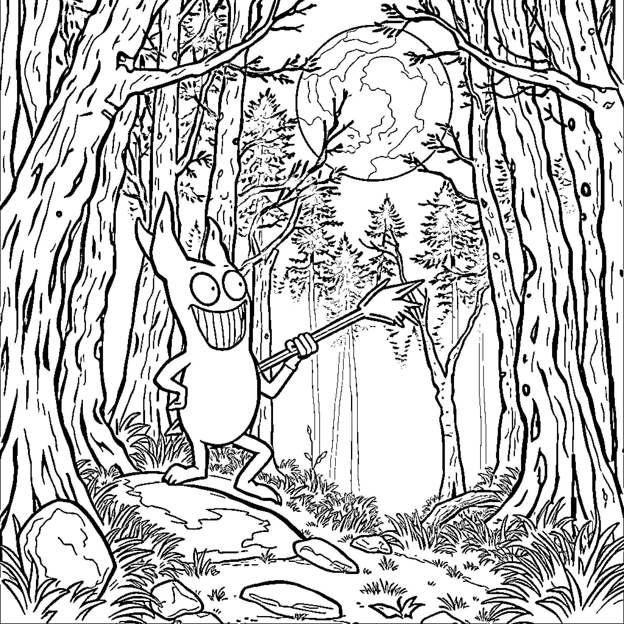 Goon Explores the Enchanted Forest Nightscape Coloring Page (free black-and-white line drawing printable PDF for all, from beginners to advanced learners, including children, teens, adults, and seniors)