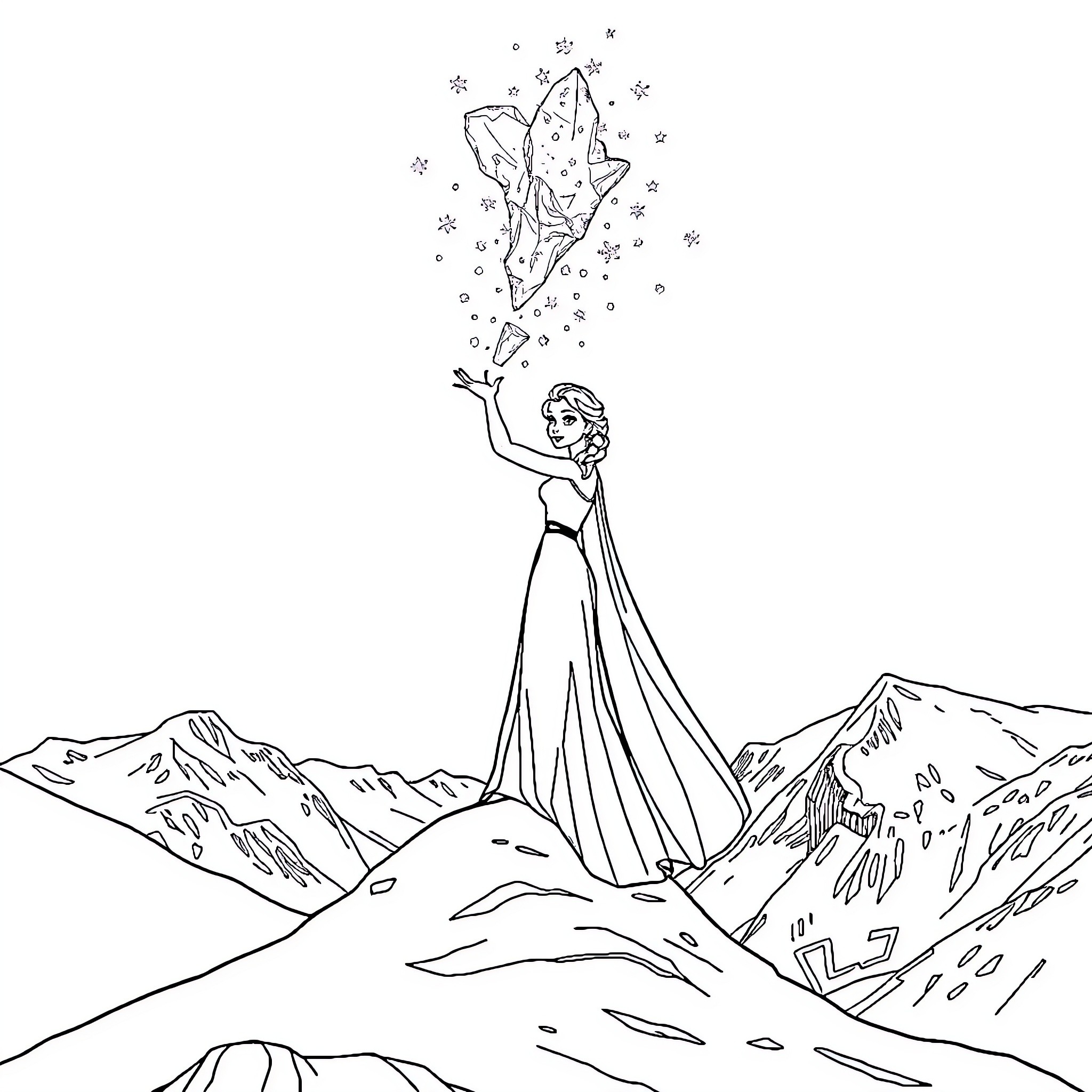 Elsa casting winter magic in the snowy mountains Coloring Page (free black-and-white line drawing printable PDF for all, from beginners to advanced learners, including children, teens, adults, and seniors)