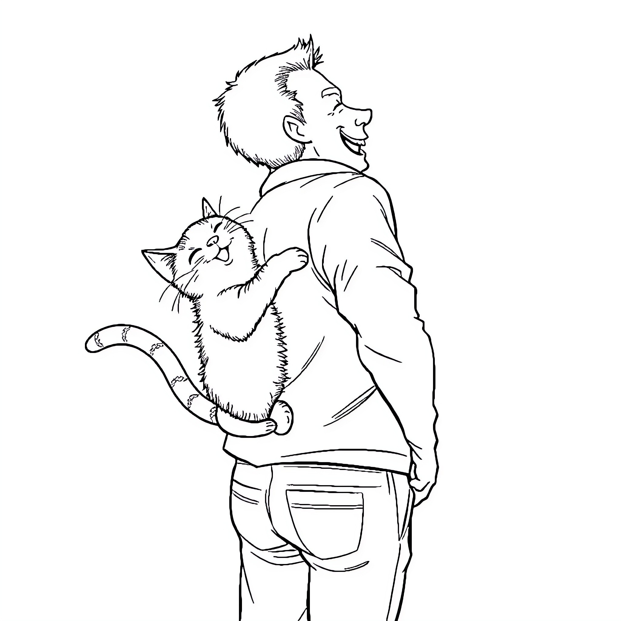 Cat comforting a man in need Coloring Page (free black-and-white line drawing printable PDF for all, from beginners to advanced learners, including children, teens, adults, and seniors)