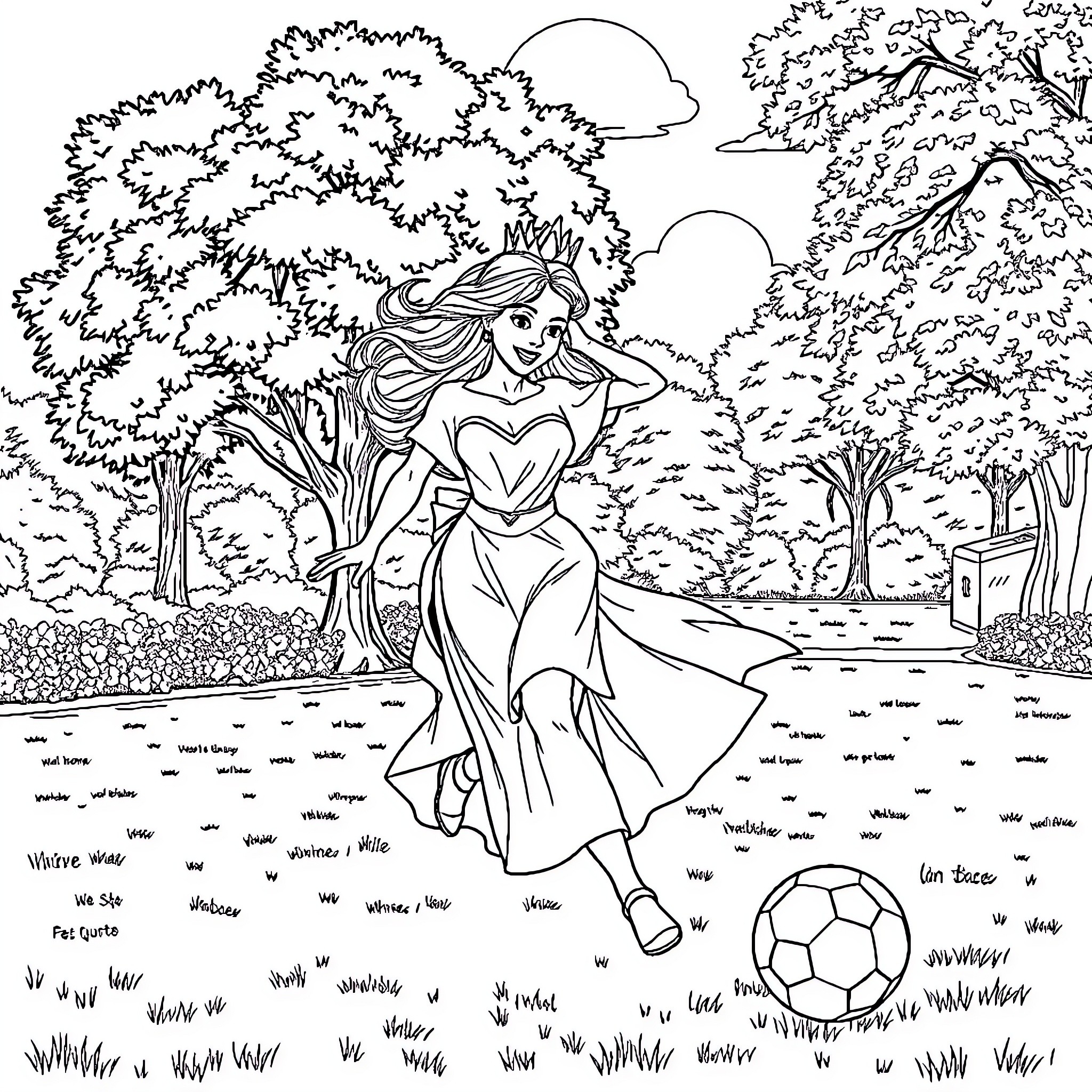 Princess Playing in the Enchanted Forest Coloring Page (free black-and-white line drawing printable PDF for all, from beginners to advanced learners, including children, teens, adults, and seniors)