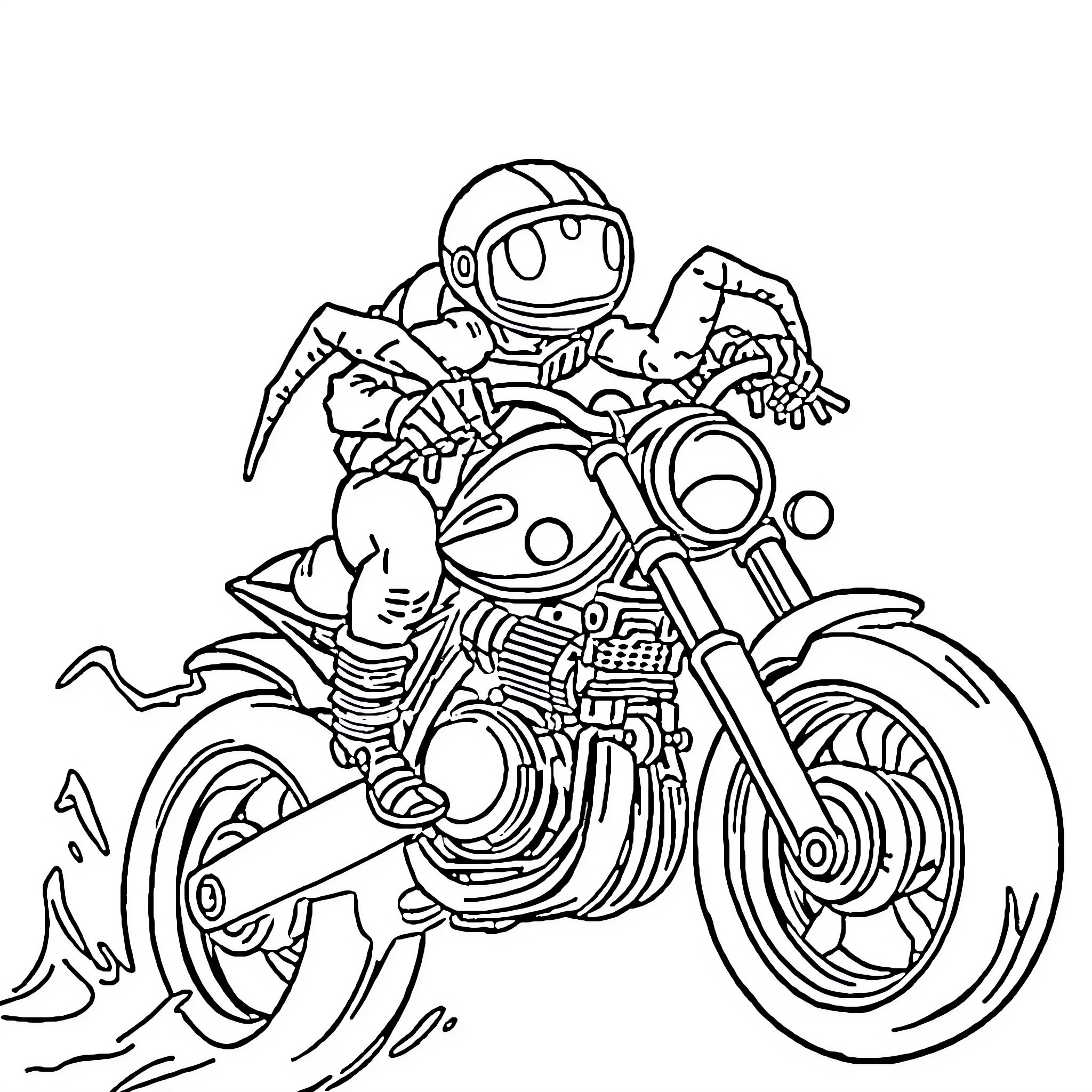 Spider-shaped rider on a motorcycle Coloring Page (free black-and-white line drawing printable PDF for all, from beginners to advanced learners, including children, teens, adults, and seniors)