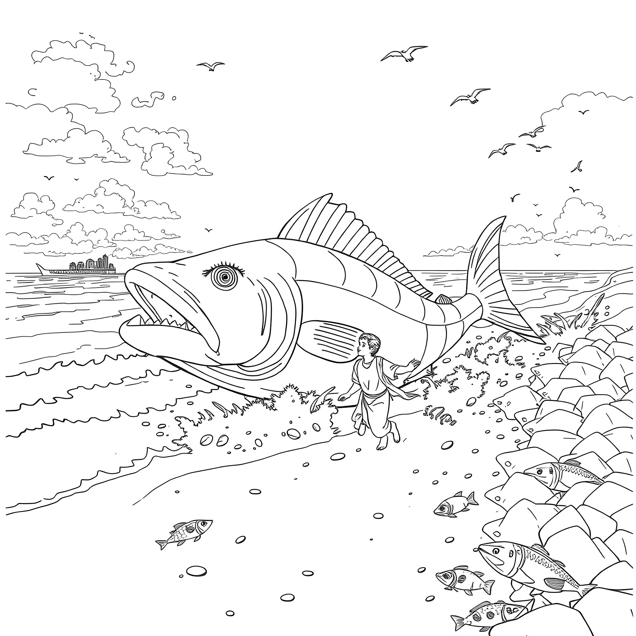 Jonah explores the underwater world with giant fish Coloring Page (free black-and-white line drawing printable PDF for all, from beginners to advanced learners, including children, teens, adults, and seniors)