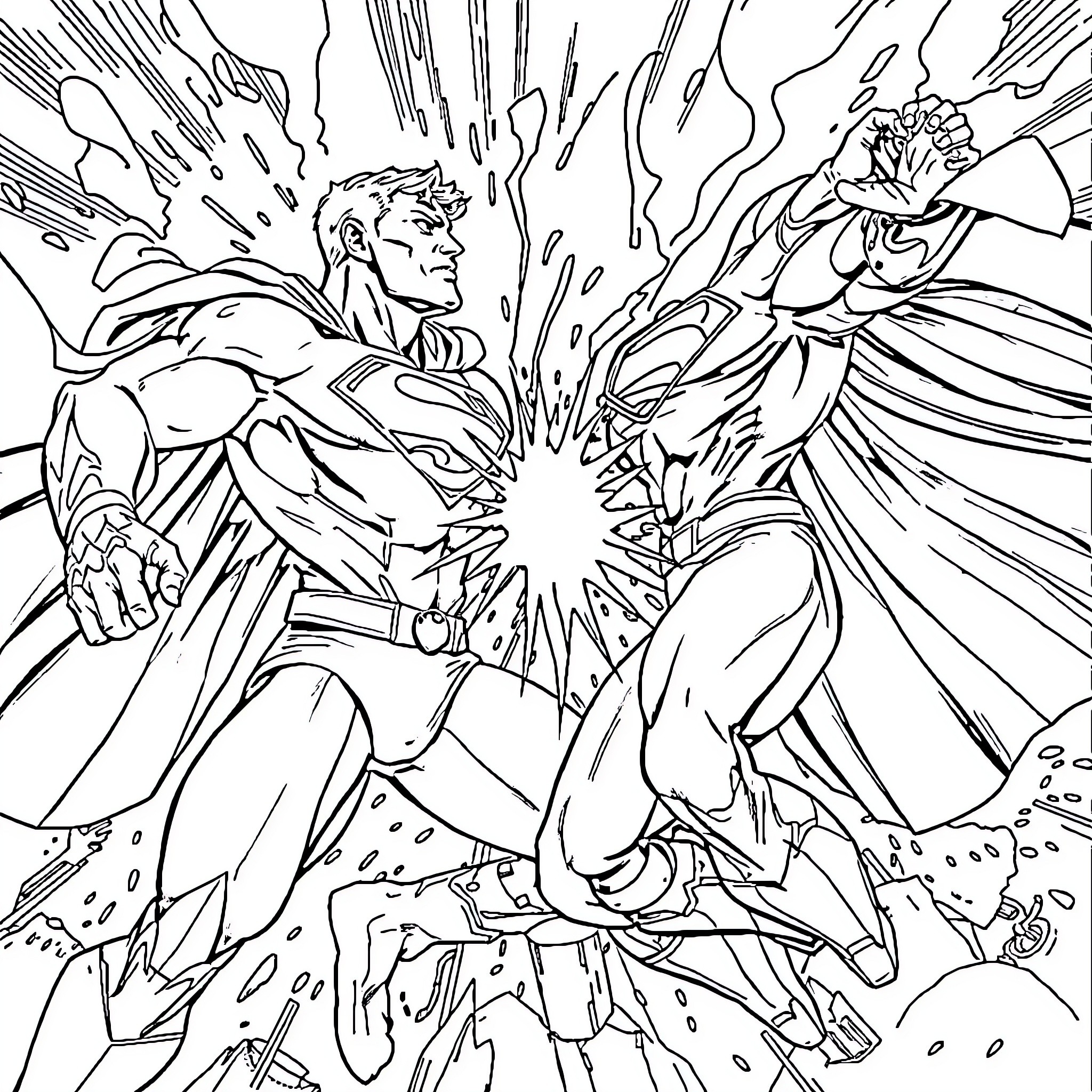 Superman in epic battle with powerful opponent Coloring Page (free black-and-white line drawing printable PDF for all, from beginners to advanced learners, including children, teens, adults, and seniors)