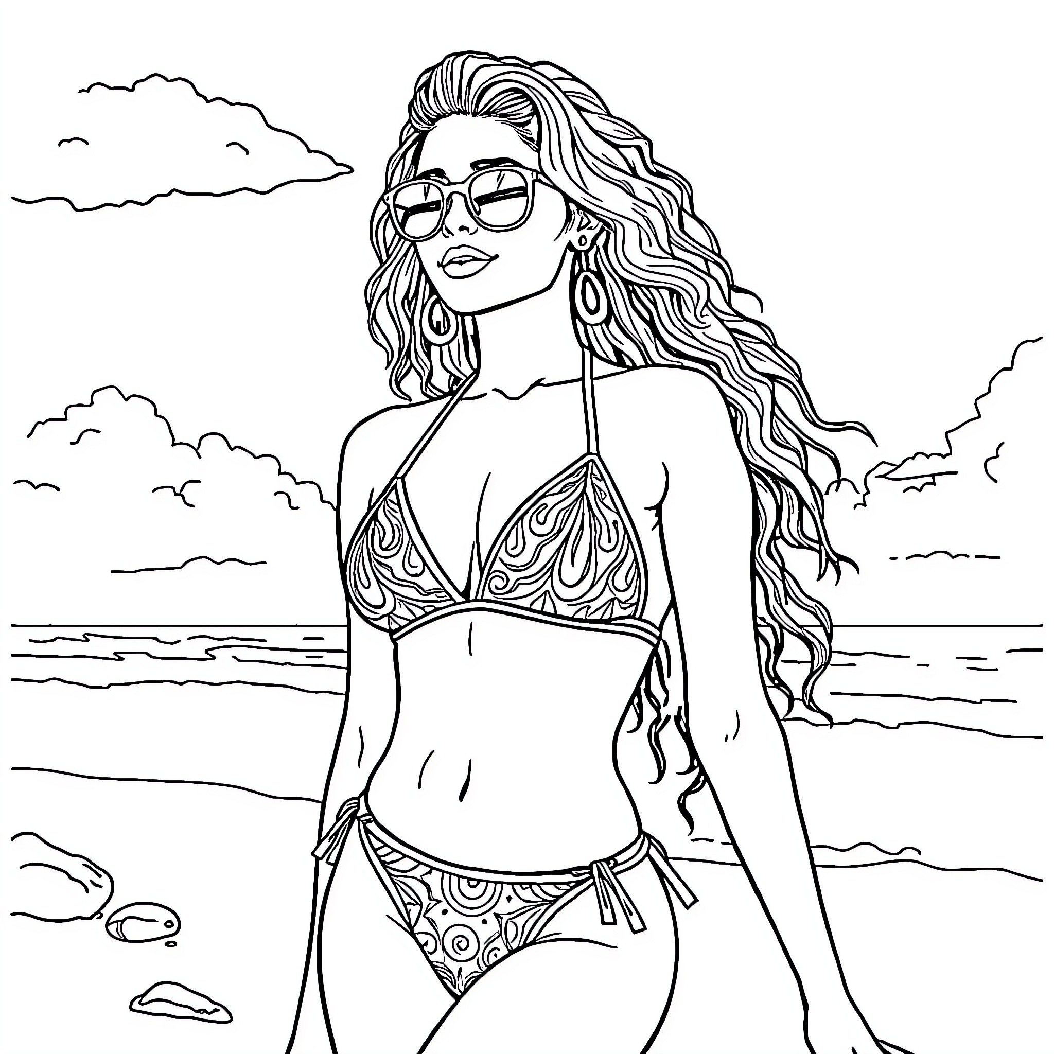 Zendaya enjoying a sunny day at the beach Coloring Page (free black-and-white line drawing printable PDF for all, from beginners to advanced learners, including children, teens, adults, and seniors)