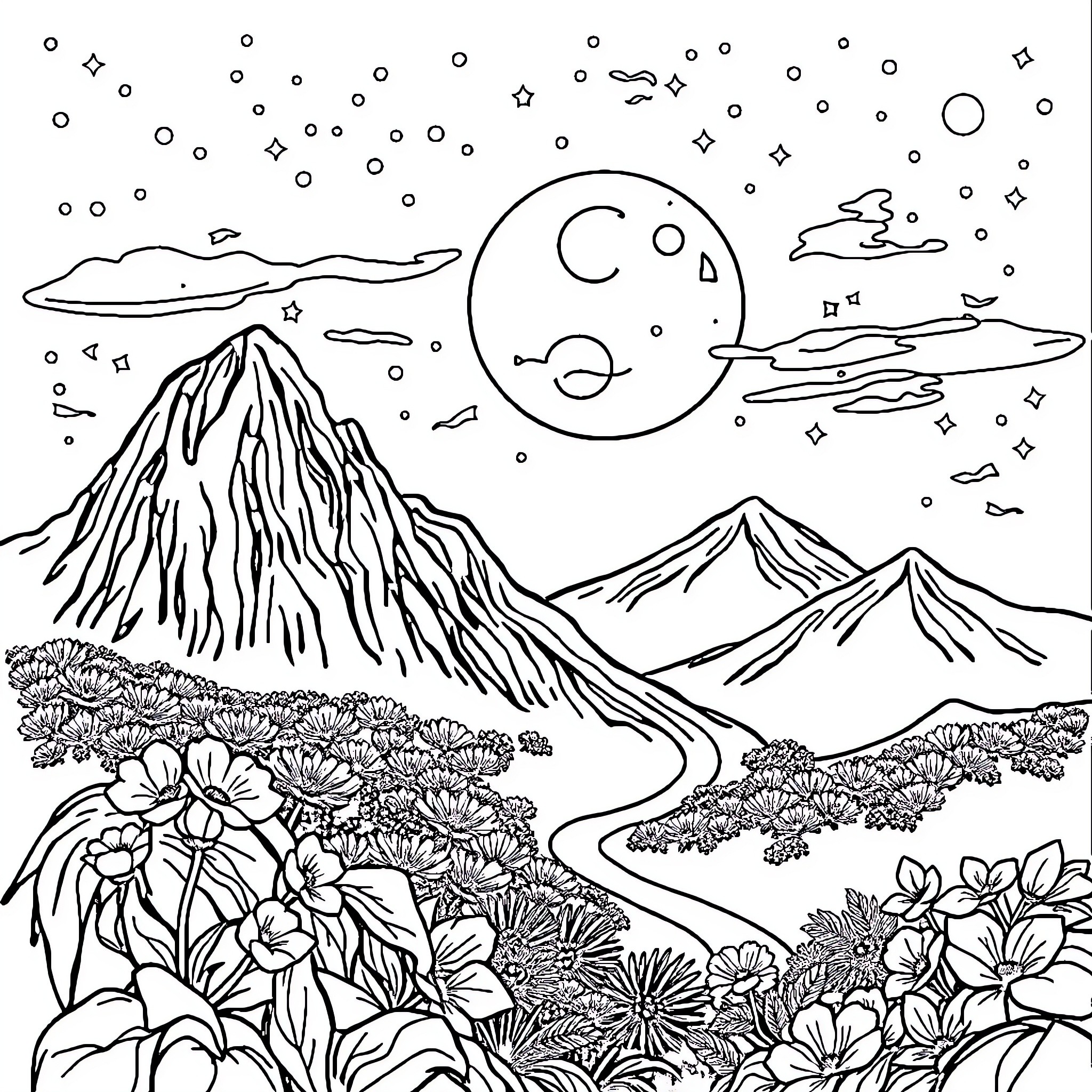Dream of a Majestic Landscape at Night Coloring Page (free black-and-white line drawing printable PDF for all, from beginners to advanced learners, including children, teens, adults, and seniors)