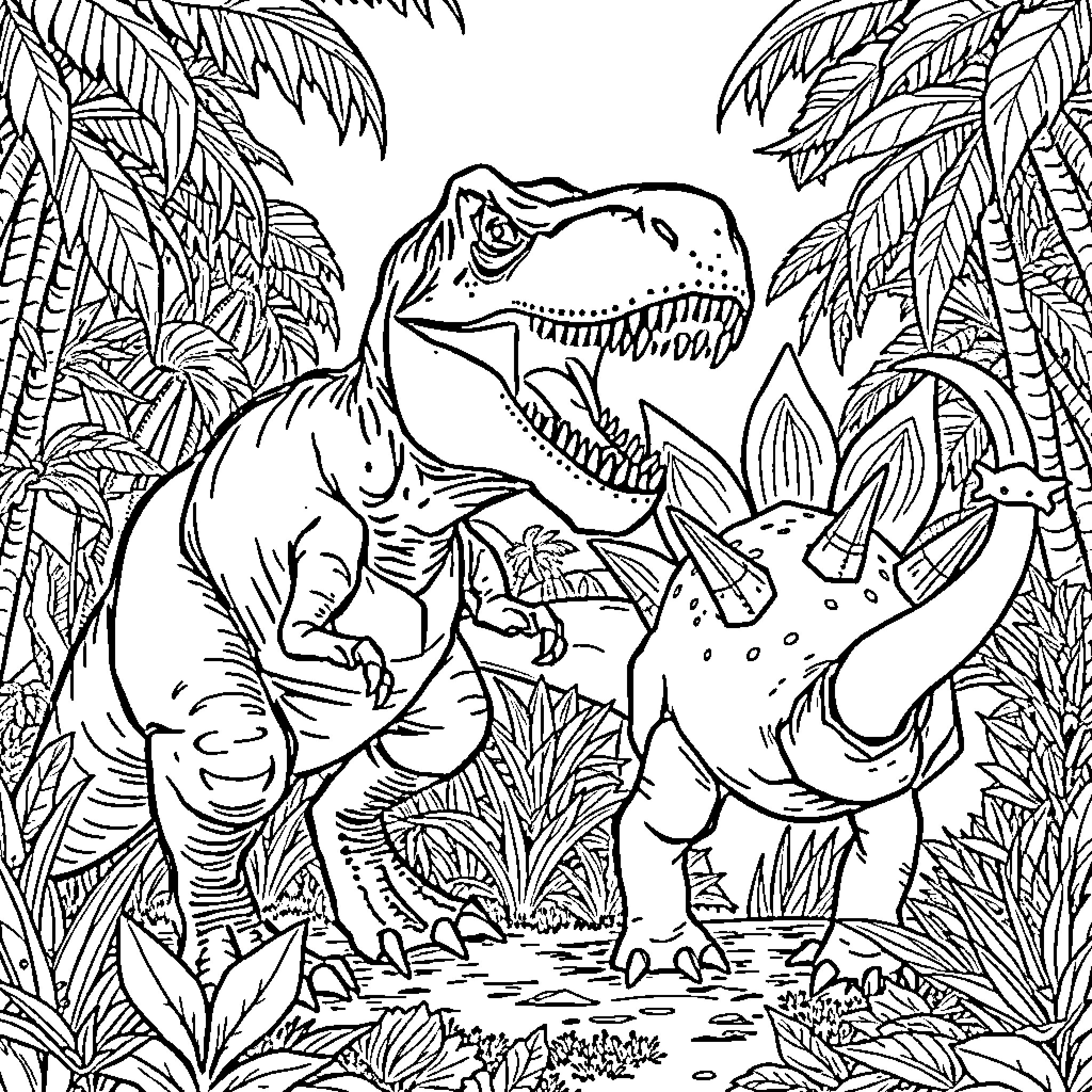 T-Rex battling with Stegosaurus in prehistoric jungle Coloring Page (free black-and-white line drawing printable PDF for all, from beginners to advanced learners, including children, teens, adults, and seniors)