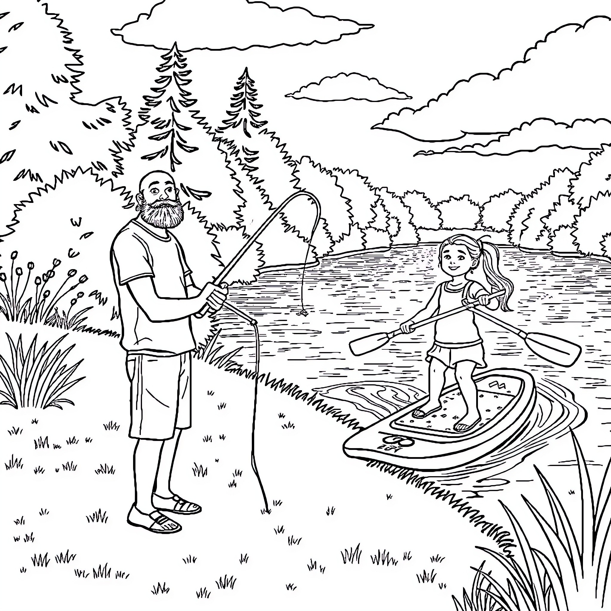 Father and daughter fishing in the lake Coloring Page (free black-and-white line drawing printable PDF for all, from beginners to advanced learners, including children, teens, adults, and seniors)