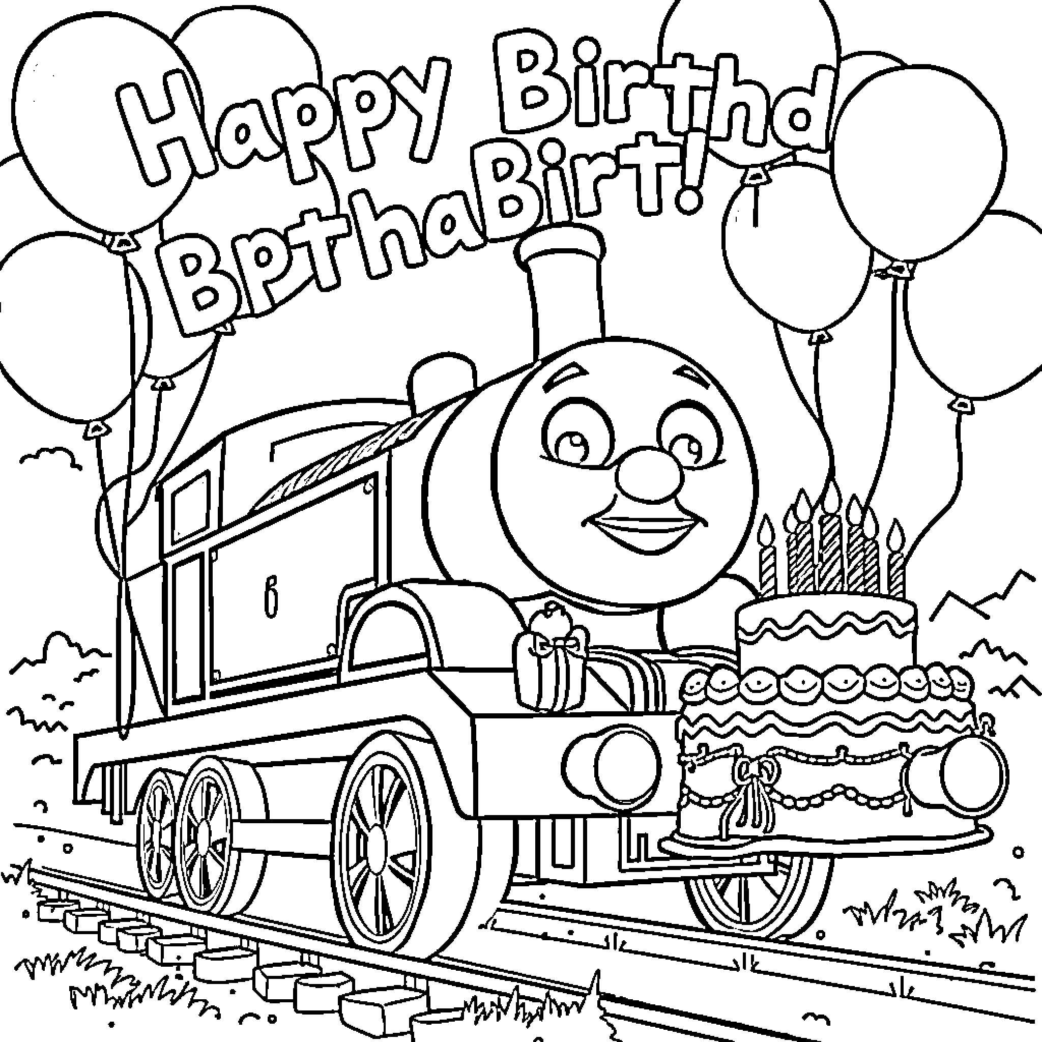 Thomas's Birthday Train Adventure Coloring Page (free black-and-white line drawing printable PDF for all, from beginners to advanced learners, including children, teens, adults, and seniors)