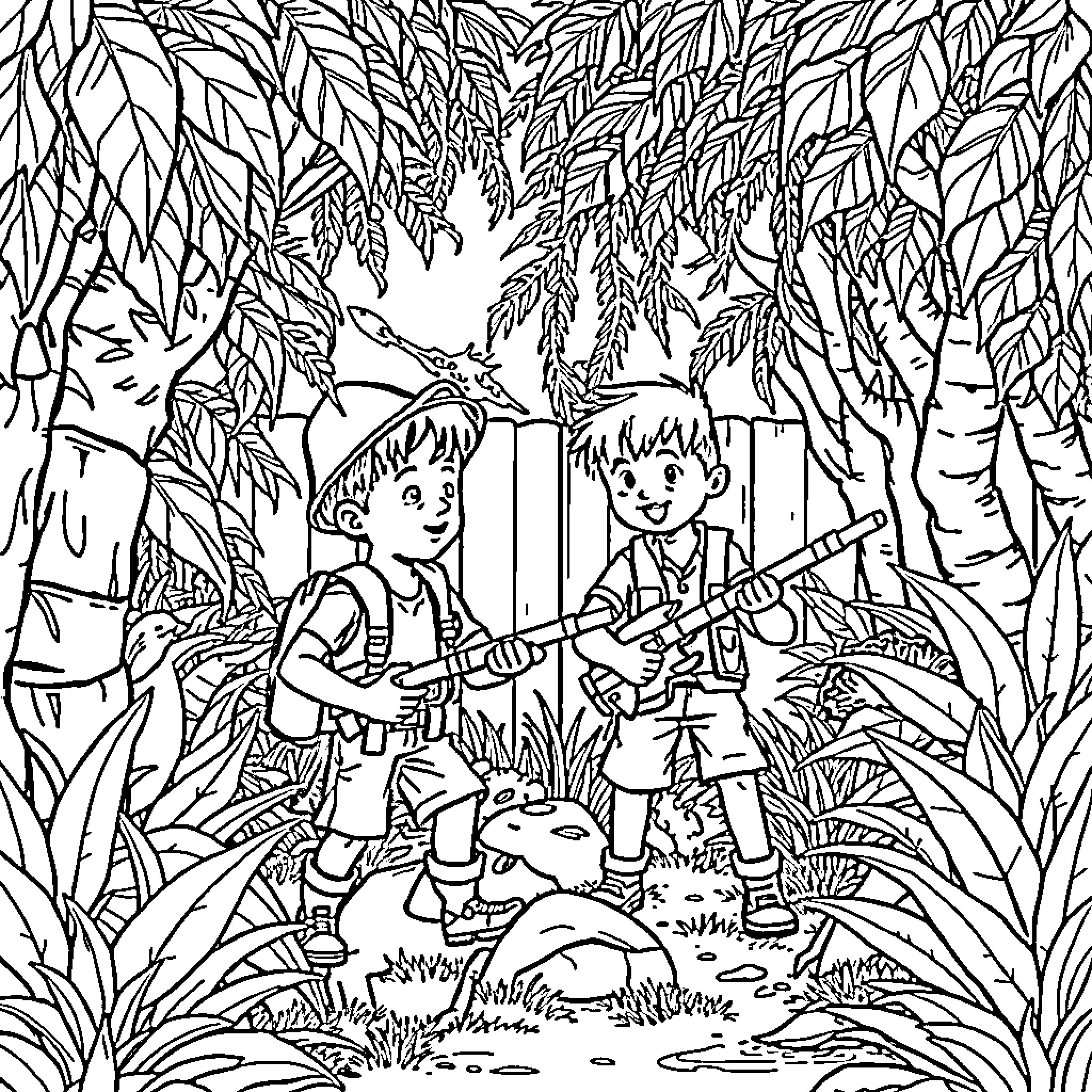 Boys playing with instruments in the forest Coloring Page (free black-and-white line drawing printable PDF for all, from beginners to advanced learners, including children, teens, adults, and seniors)