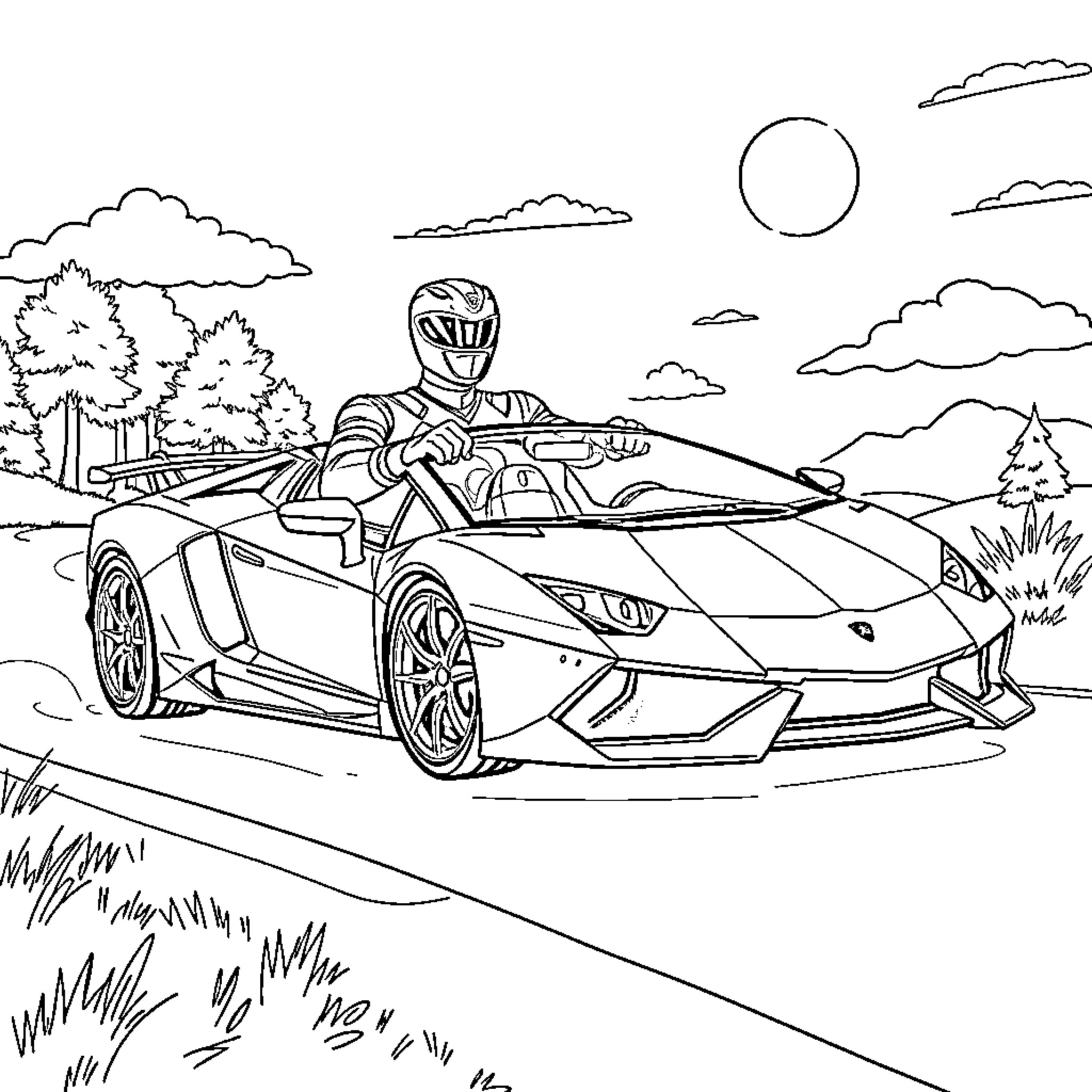 Power Ranger Driving an Exotic Sports Car Coloring Page (free black-and-white line drawing printable PDF for all, from beginners to advanced learners, including children, teens, adults, and seniors)