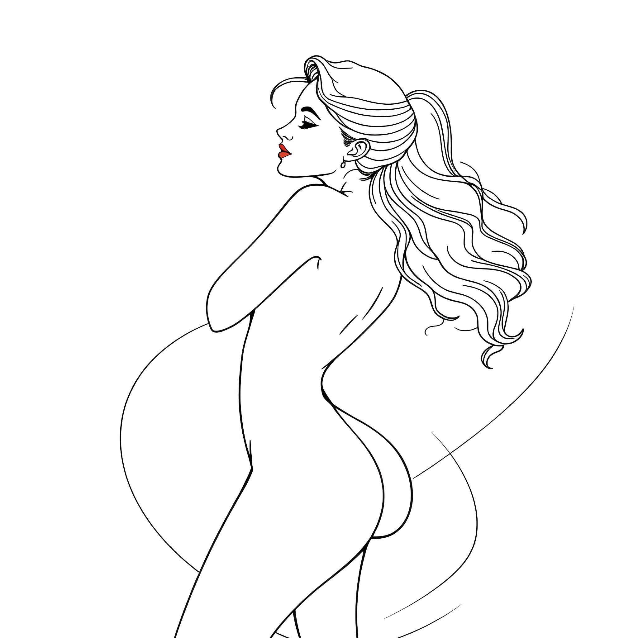 Woman with flowing hair in profile Coloring Page (free black-and-white line drawing printable PDF for all, from beginners to advanced learners, including children, teens, adults, and seniors)