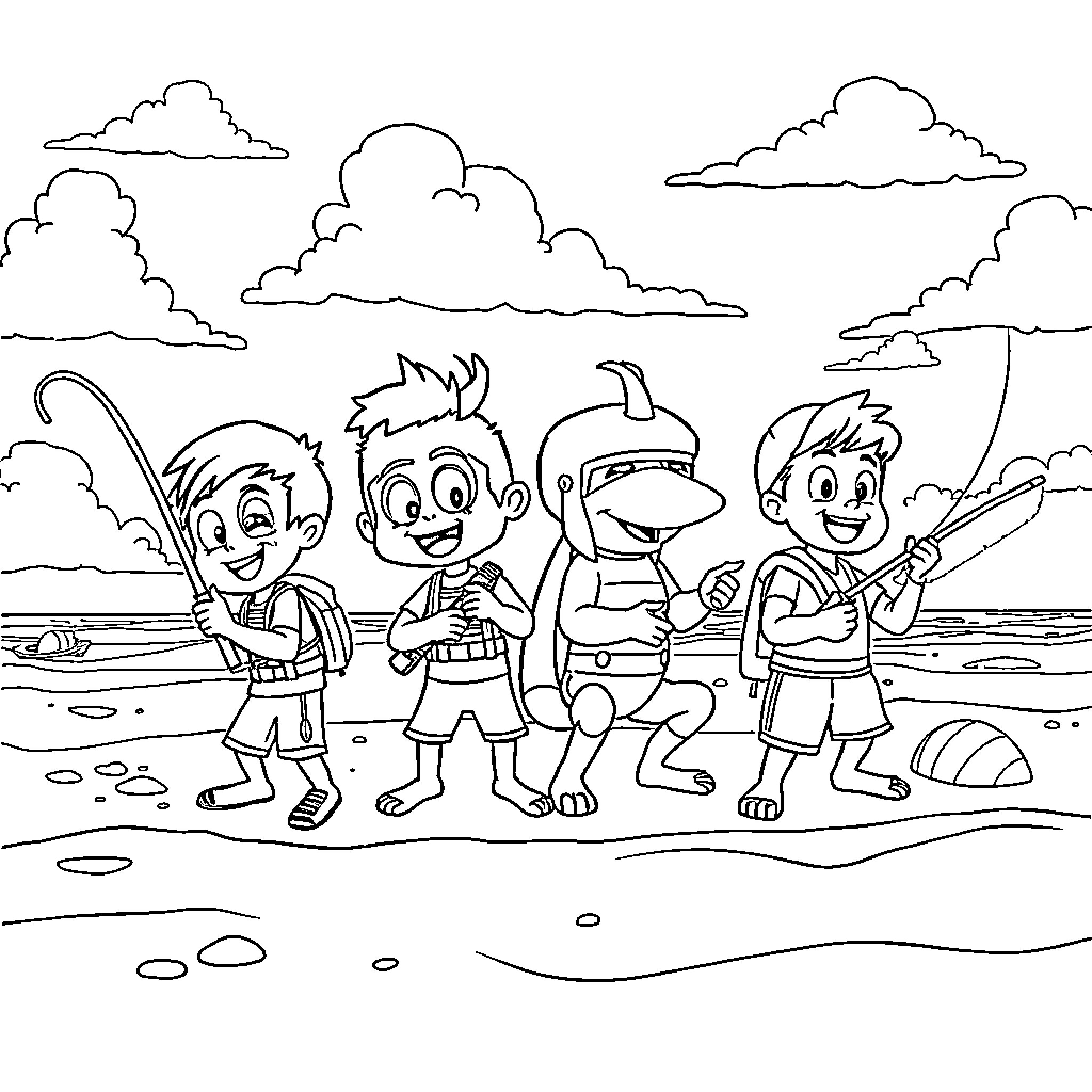 Rocket Power: Kids Playing at the Beach Coloring Page (free black-and-white line drawing printable PDF for all, from beginners to advanced learners, including children, teens, adults, and seniors)