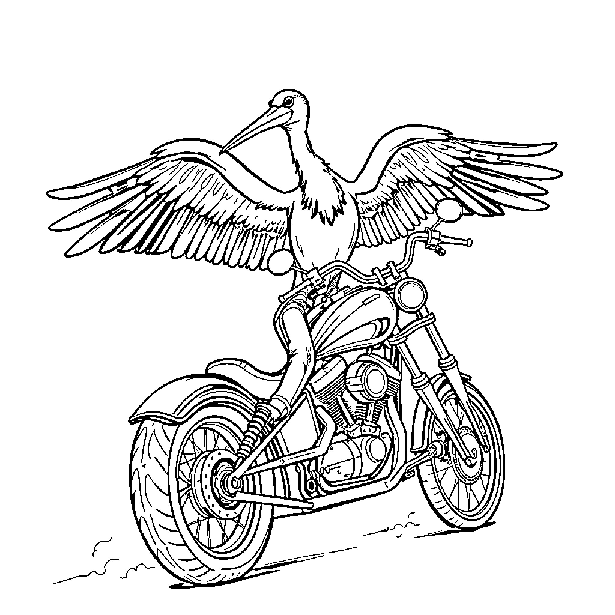 Ibis Riding a Motorcycle with Outstretched Wings Coloring Page (free black-and-white line drawing printable PDF for all, from beginners to advanced learners, including children, teens, adults, and seniors)