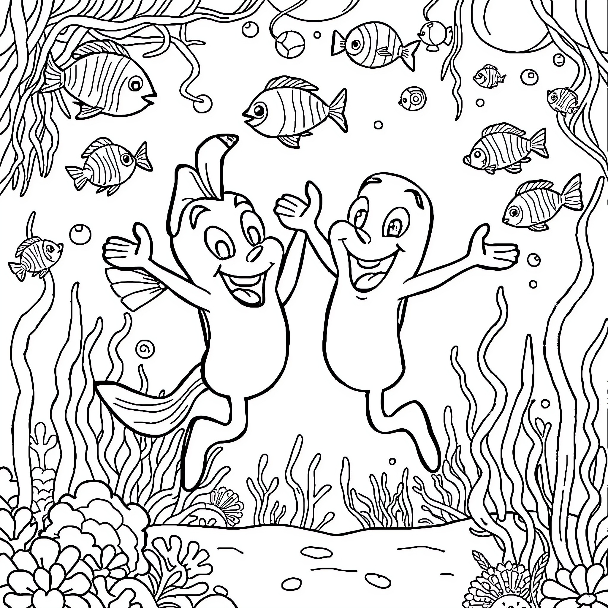 Bluey characters playing joyfully in underwater scene Coloring Page (free black-and-white line drawing printable PDF for all, from beginners to advanced learners, including children, teens, adults, and seniors)