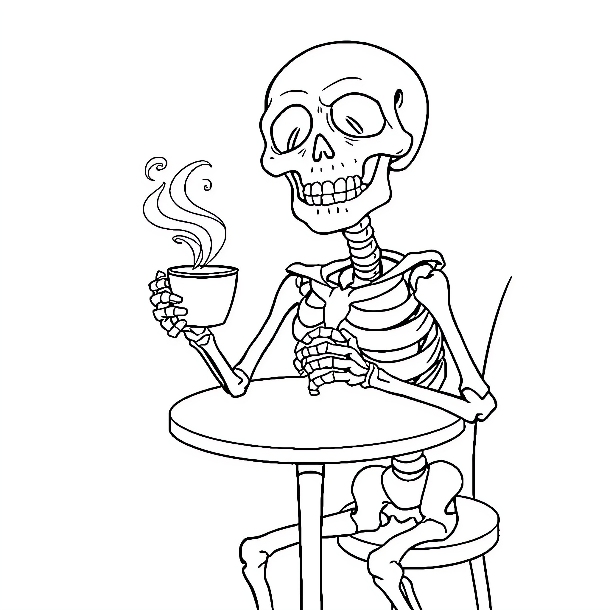 Skeleton drinking coffee at a table Coloring Page (free black-and-white line drawing printable PDF for all, from beginners to advanced learners, including children, teens, adults, and seniors)