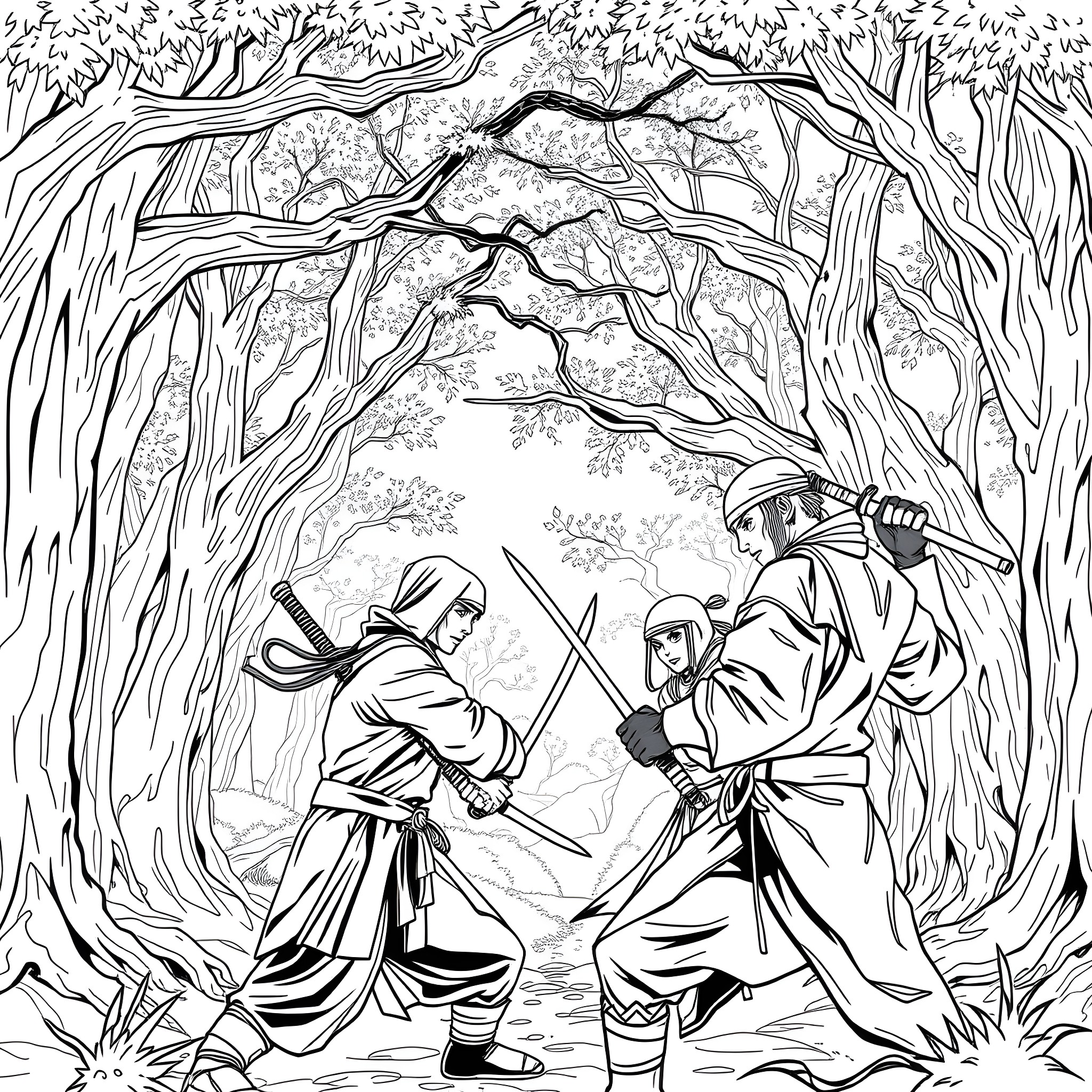 Ninja warriors engaged in intense combat in a mystical forest Coloring Page (free black-and-white line drawing printable PDF for all, from beginners to advanced learners, including children, teens, adults, and seniors)