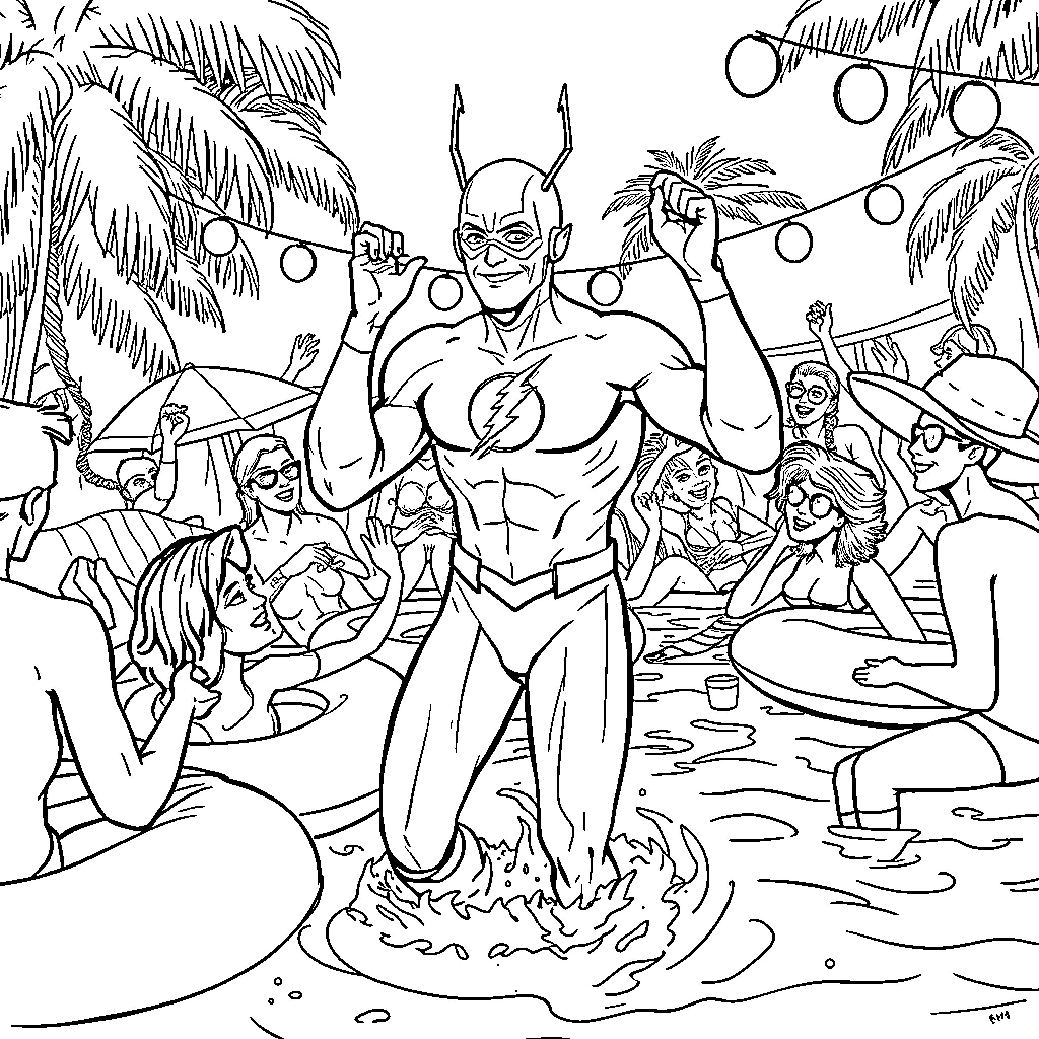 Flash party with superheroes on a tropical beach Coloring Page (free black-and-white line drawing printable PDF for all, from beginners to advanced learners, including children, teens, adults, and seniors)