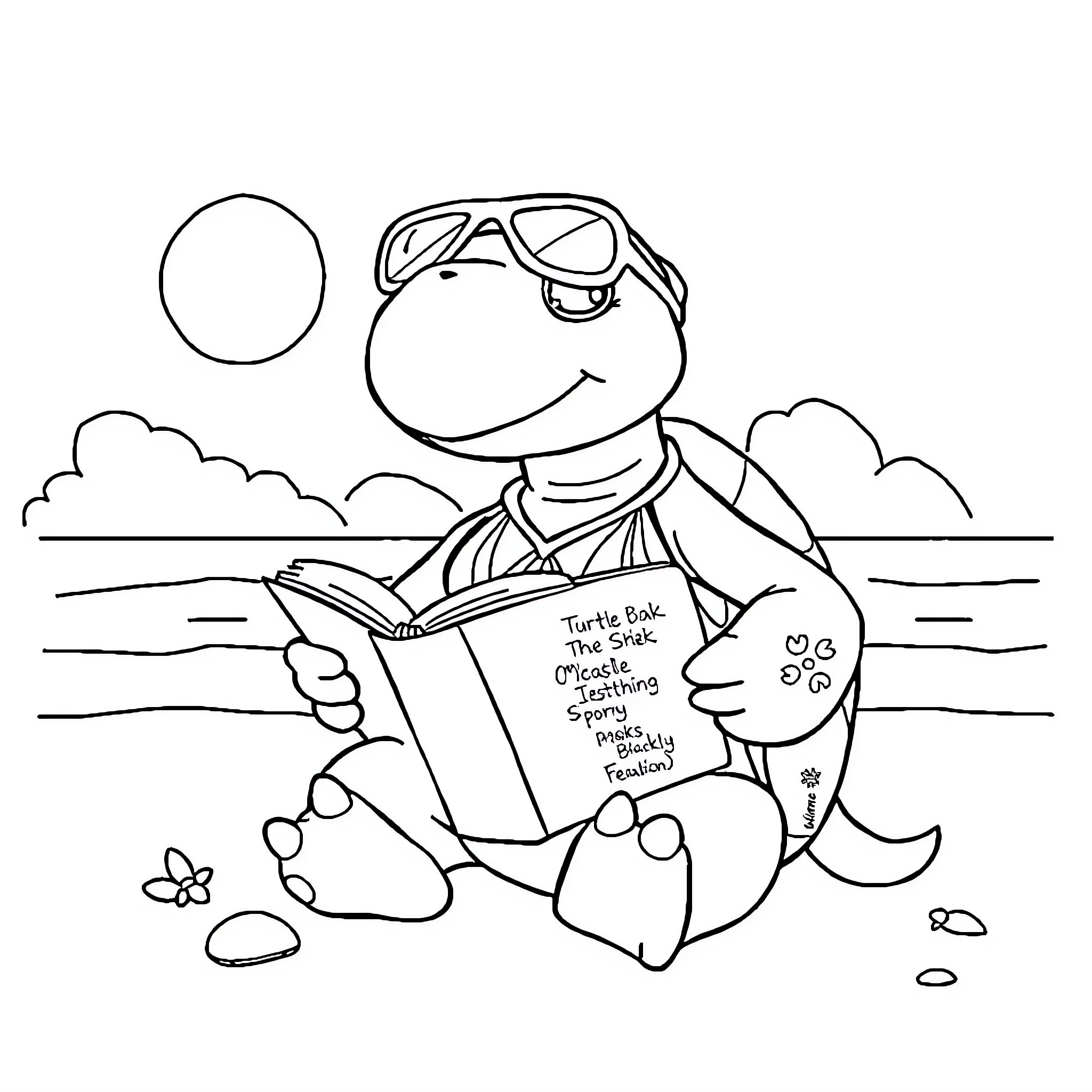 Turtle reading book on the beach Coloring Page (free black-and-white line drawing printable PDF for all, from beginners to advanced learners, including children, teens, adults, and seniors)