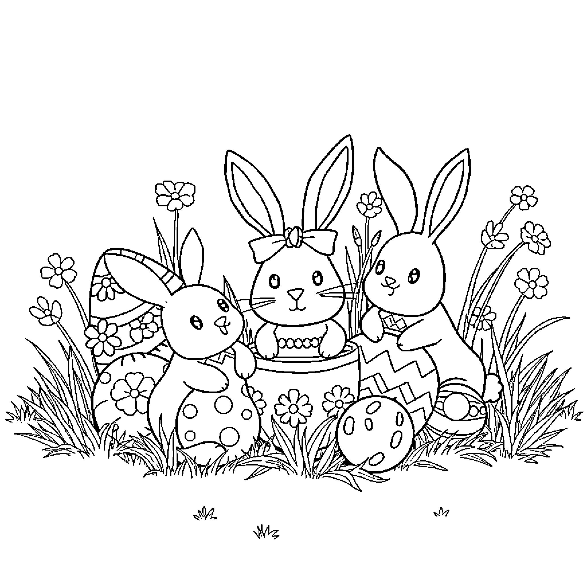 Easter Book with Adorable Bunnies and Eggs Coloring Page (free black-and-white line drawing printable PDF for all, from beginners to advanced learners, including children, teens, adults, and seniors)