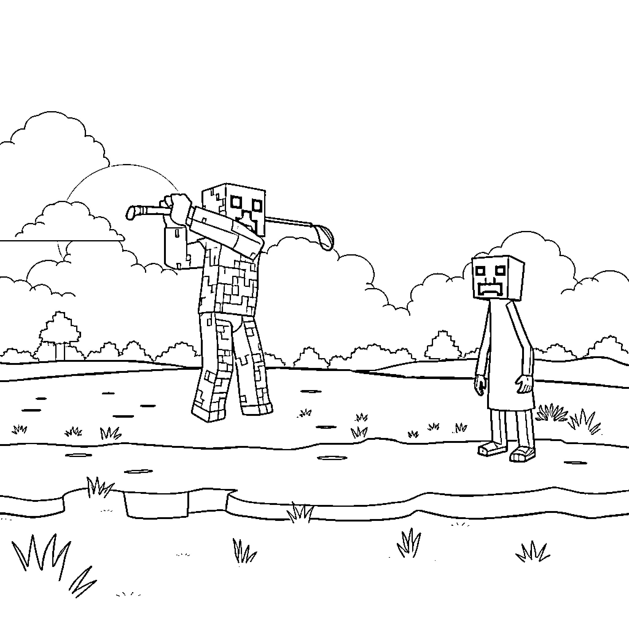 Creeper confronting mob character in natural setting Coloring Page (free black-and-white line drawing printable PDF for all, from beginners to advanced learners, including children, teens, adults, and seniors)