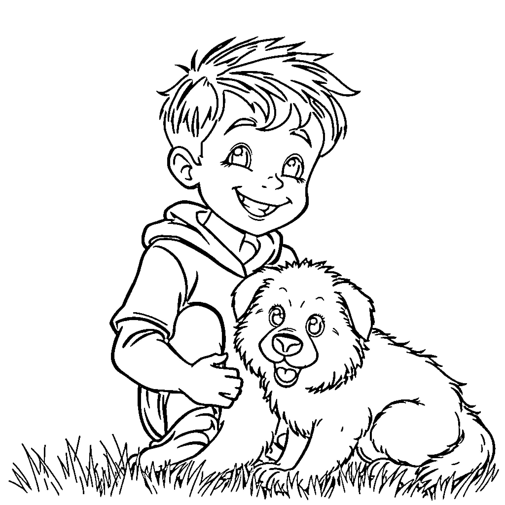 Boy playing happily with his puppy in the park Coloring Page (free black-and-white line drawing printable PDF for all, from beginners to advanced learners, including children, teens, adults, and seniors)