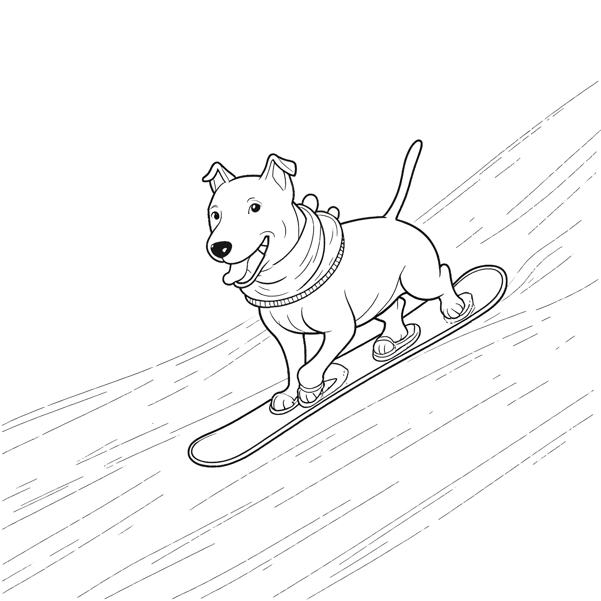 Pitbull riding a snowboard down a slope Coloring Page (free black-and-white line drawing printable PDF for all, from beginners to advanced learners, including children, teens, adults, and seniors)