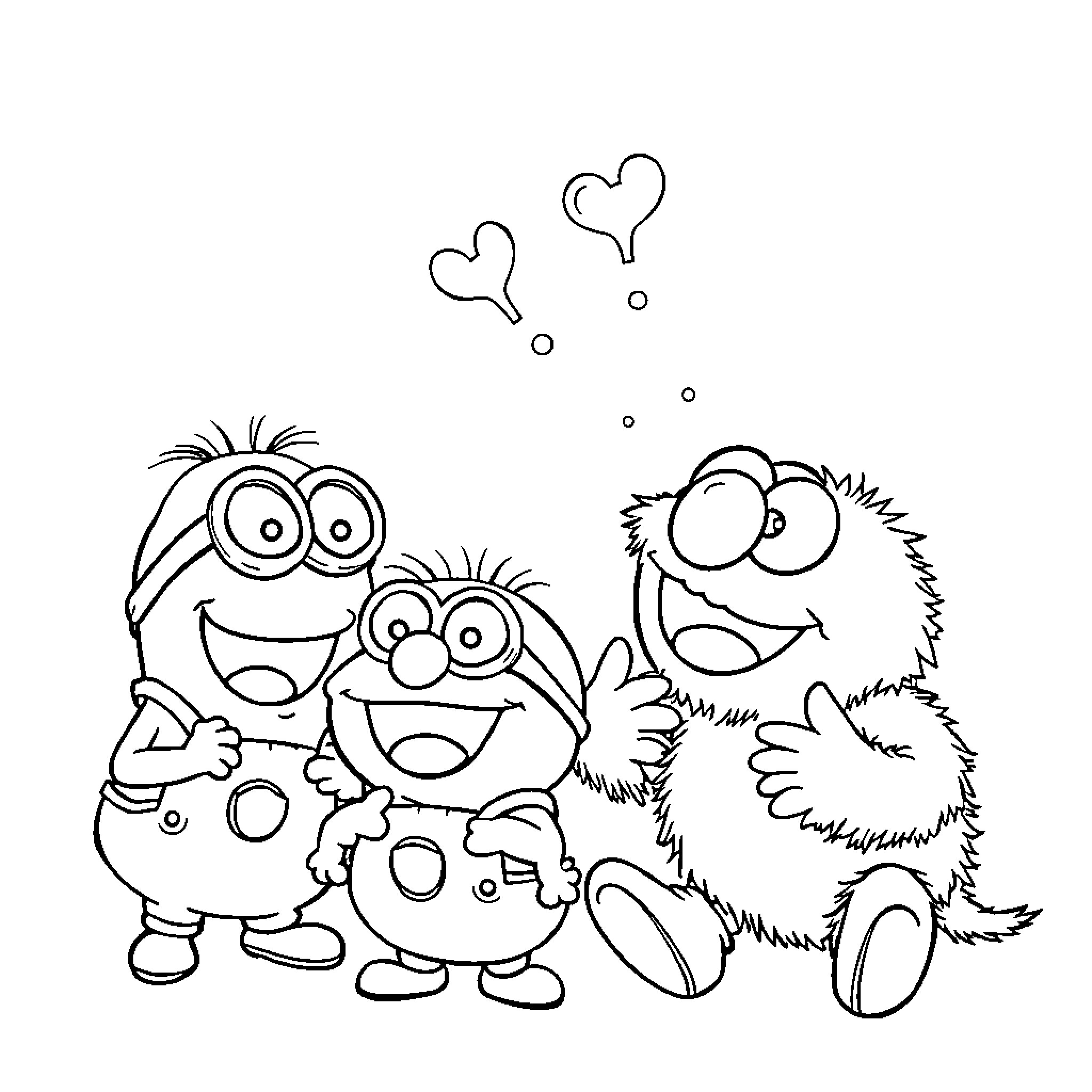 Minions playing and expressing happiness Coloring Page (free black-and-white line drawing printable PDF for all, from beginners to advanced learners, including children, teens, adults, and seniors)