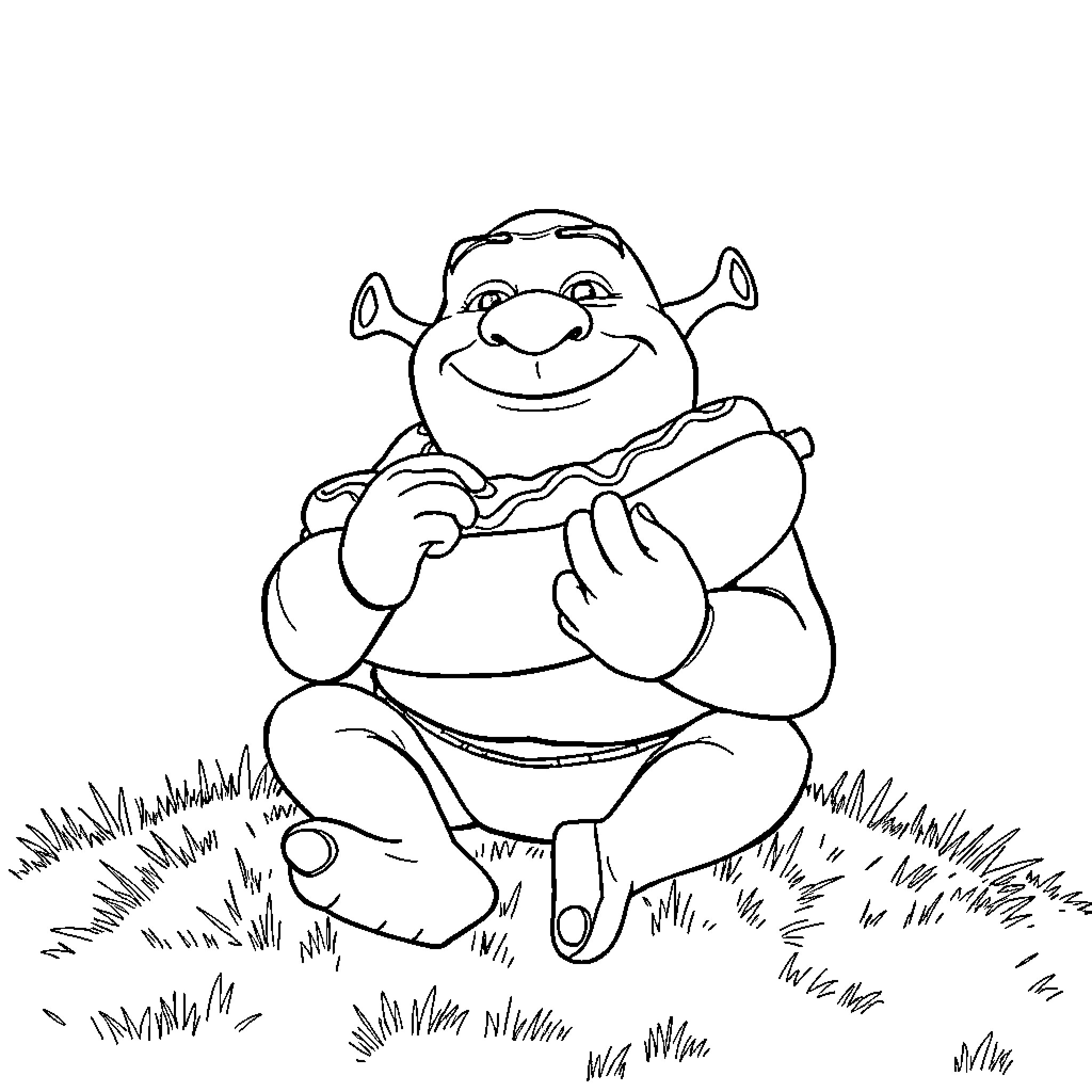Shrek relaxing happily in the grass Coloring Page (free black-and-white line drawing printable PDF for all, from beginners to advanced learners, including children, teens, adults, and seniors)