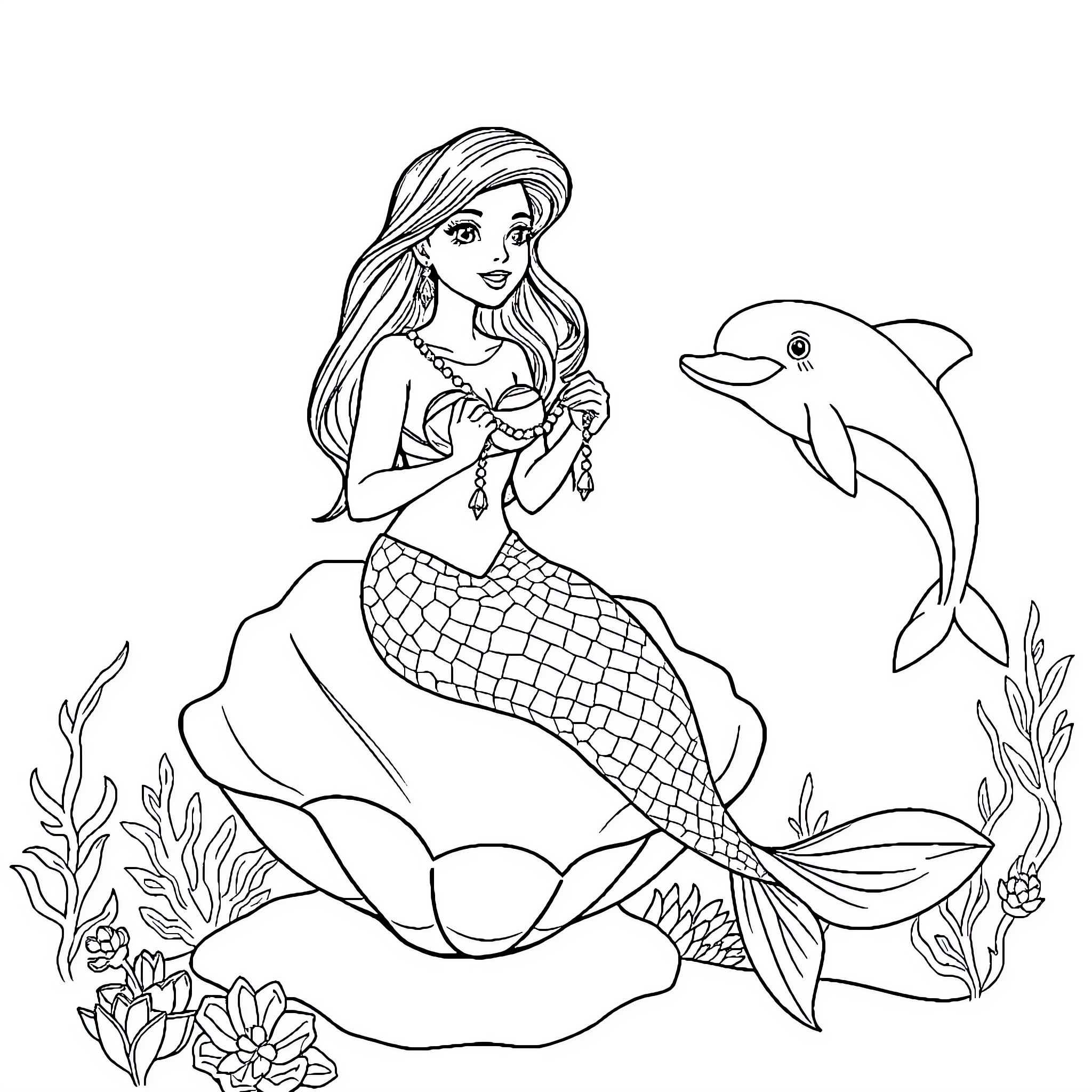 Mermaid playing joyfully with friendly dolphin Coloring Page (free black-and-white line drawing printable PDF for all, from beginners to advanced learners, including children, teens, adults, and seniors)