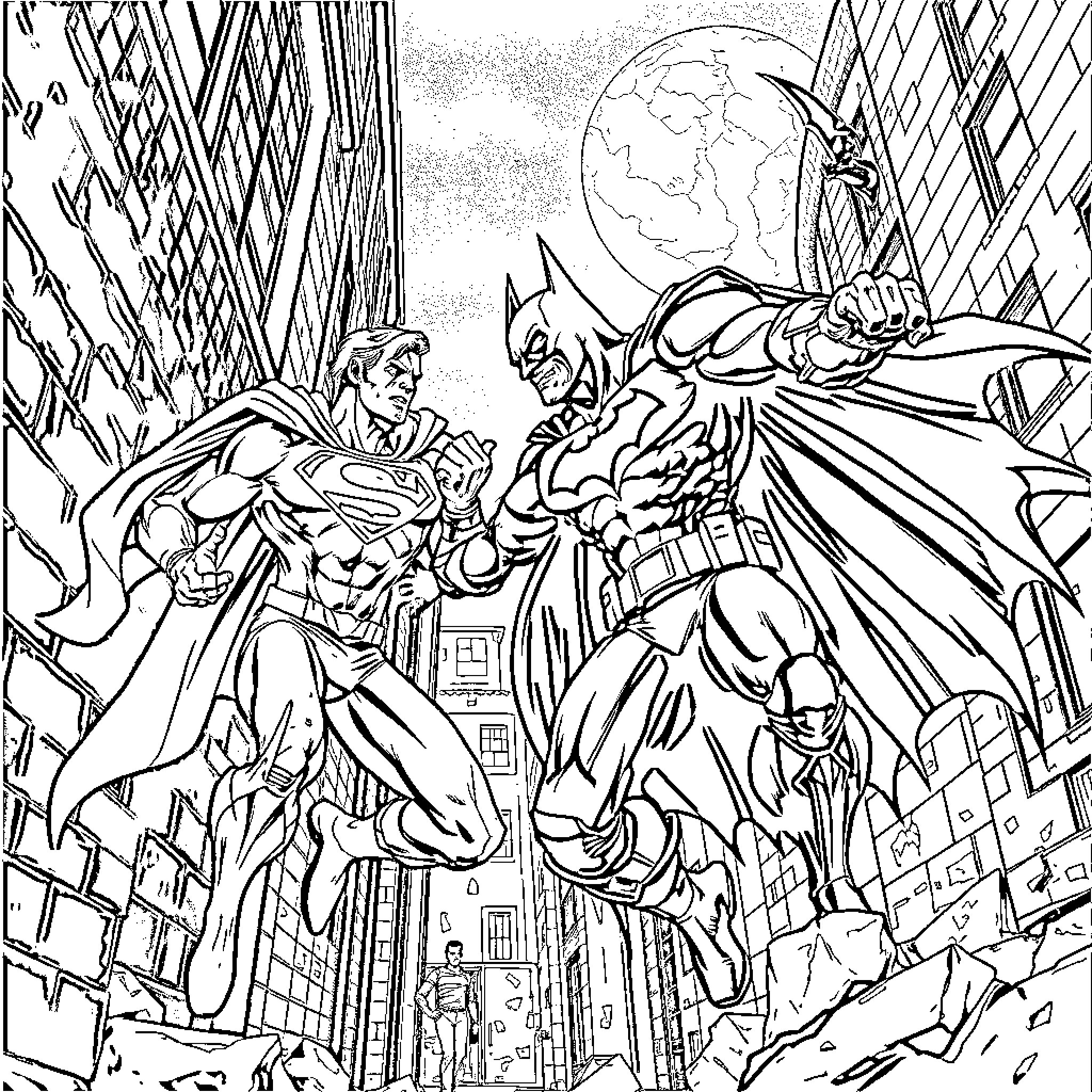 Superman and Batman Battling in the City Coloring Page (free black-and-white line drawing printable PDF for all, from beginners to advanced learners, including children, teens, adults, and seniors)