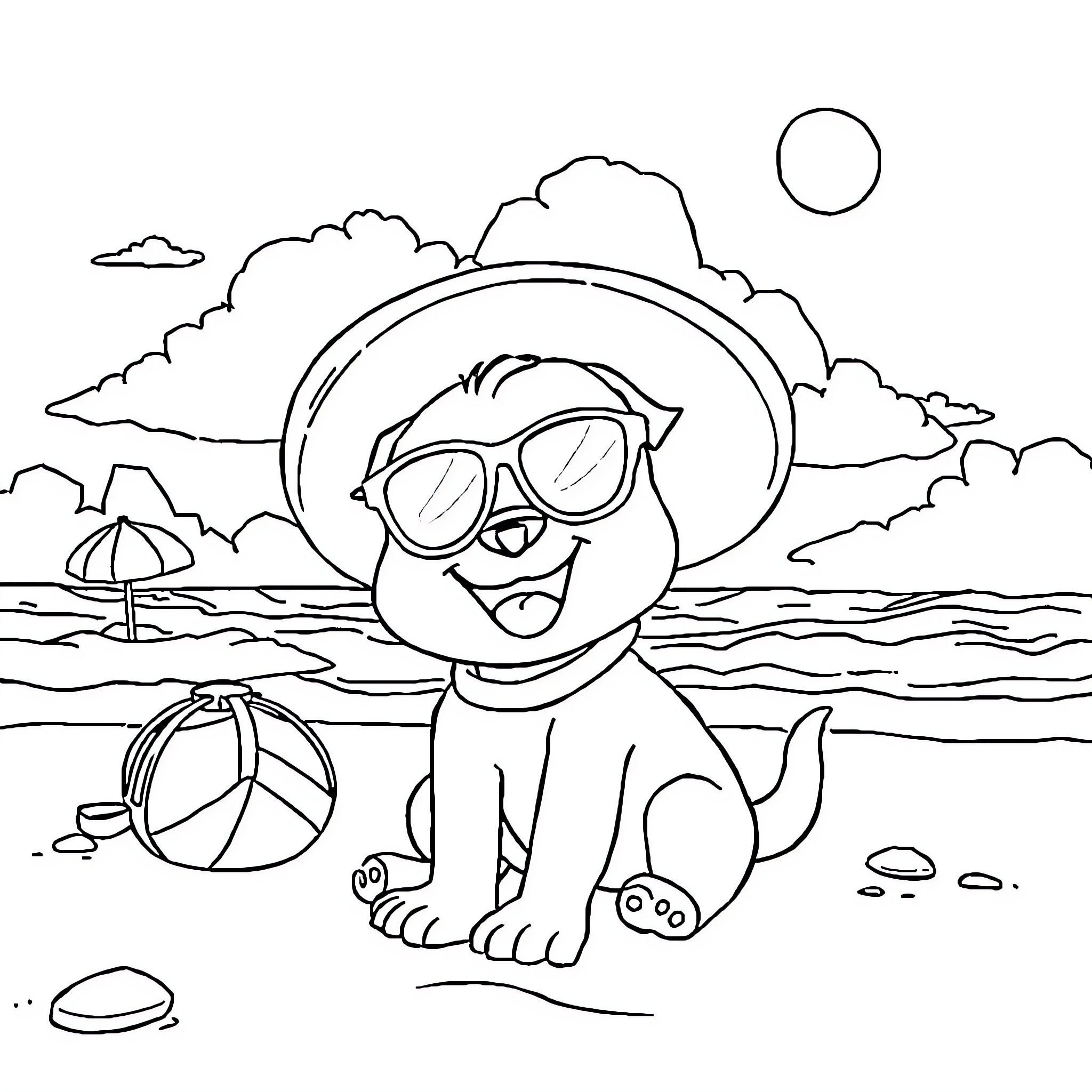 Bluey enjoying a sunny day at the beach Coloring Page (free black-and-white line drawing printable PDF for all, from beginners to advanced learners, including children, teens, adults, and seniors)