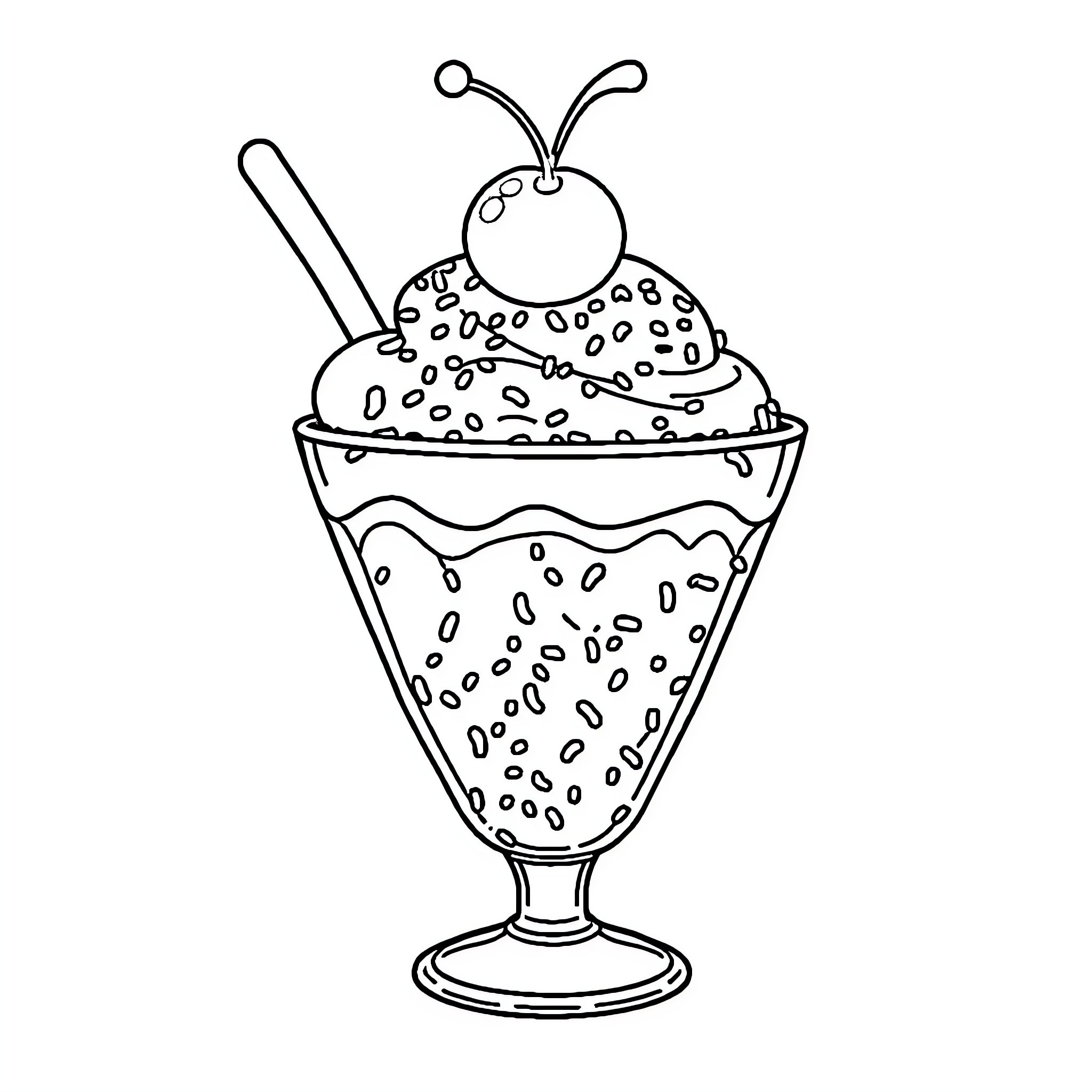 Ice Cream Sundae with Topping and Cherry Coloring Page (free black-and-white line drawing printable PDF for all, from beginners to advanced learners, including children, teens, adults, and seniors)