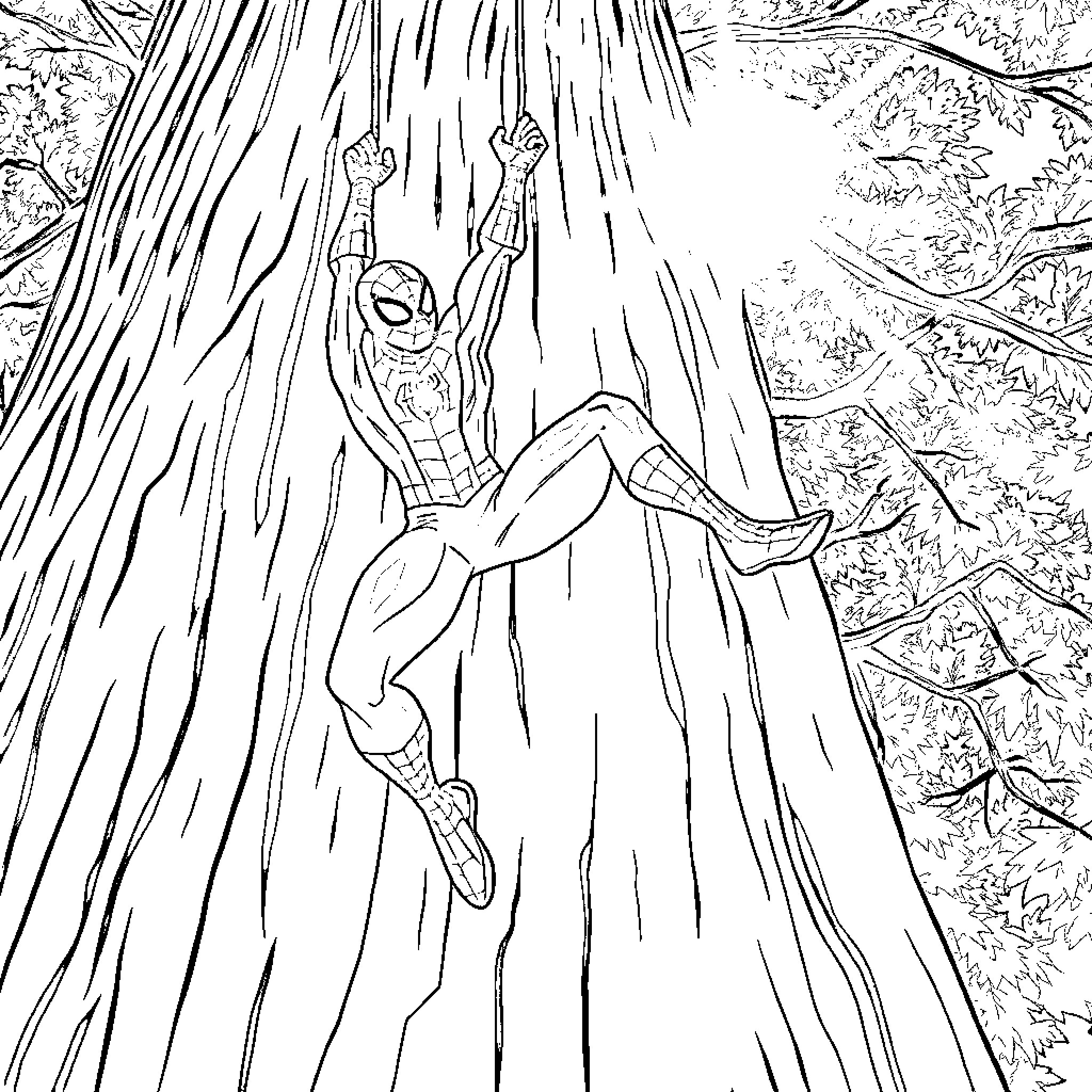 Spiderman Swinging Through the City Coloring Page (free black-and-white line drawing printable PDF for all, from beginners to advanced learners, including children, teens, adults, and seniors)