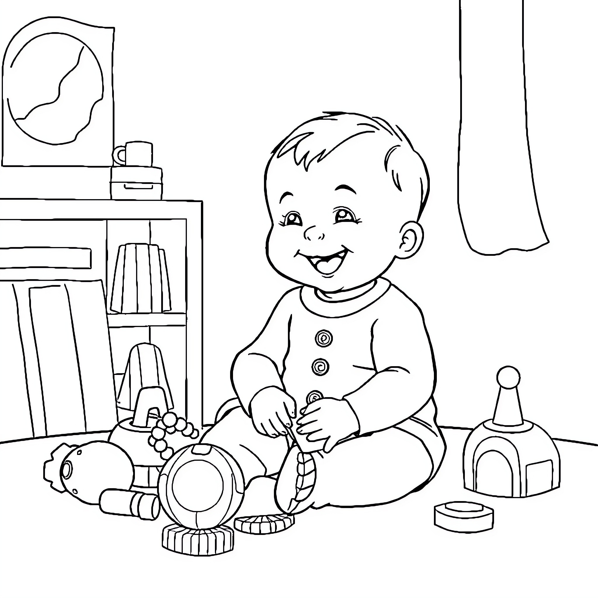 Baby playing happily with toys in the room Coloring Page (free black-and-white line drawing printable PDF for all, from beginners to advanced learners, including children, teens, adults, and seniors)