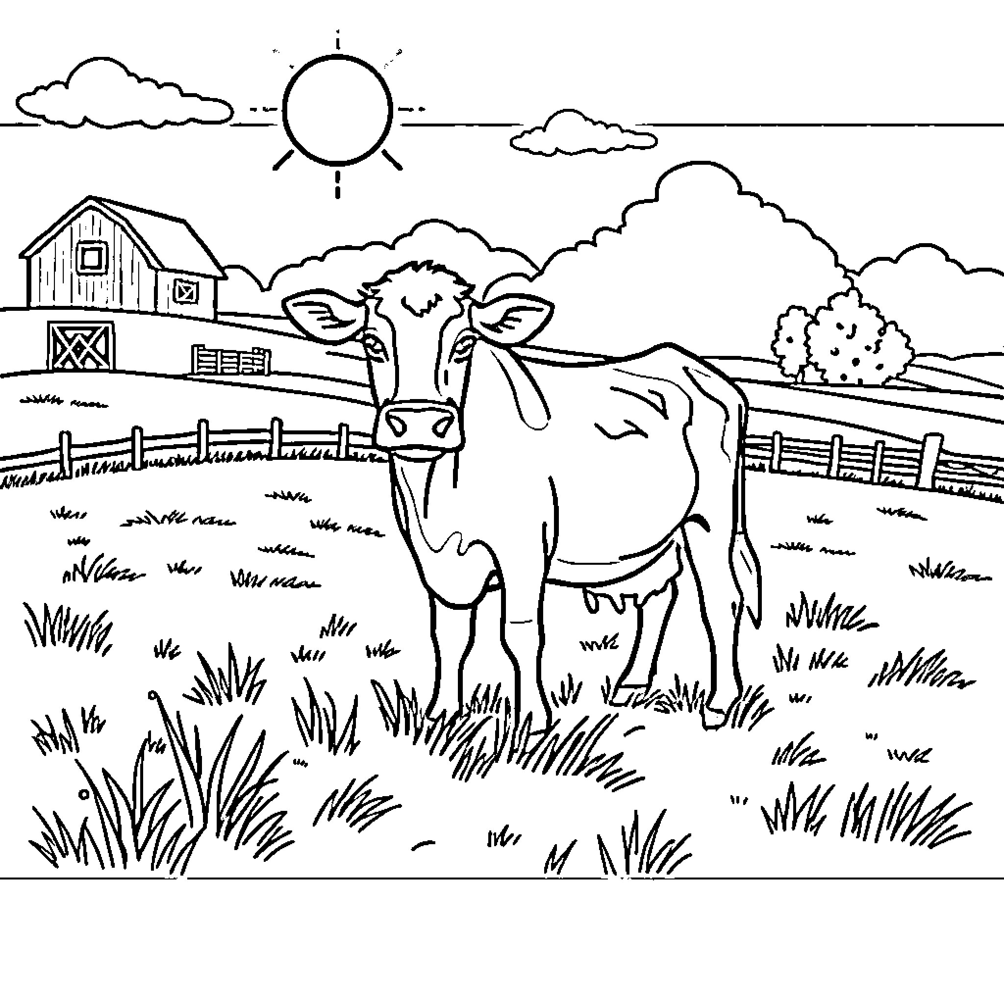 Cow grazing peacefully on a farm Coloring Page (free black-and-white line drawing printable PDF for all, from beginners to advanced learners, including children, teens, adults, and seniors)