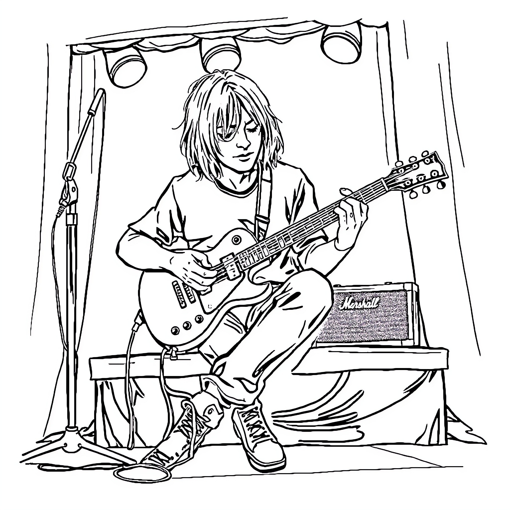 Kurt Cobain performing on stage with guitar Coloring Page (free black-and-white line drawing printable PDF for all, from beginners to advanced learners, including children, teens, adults, and seniors)
