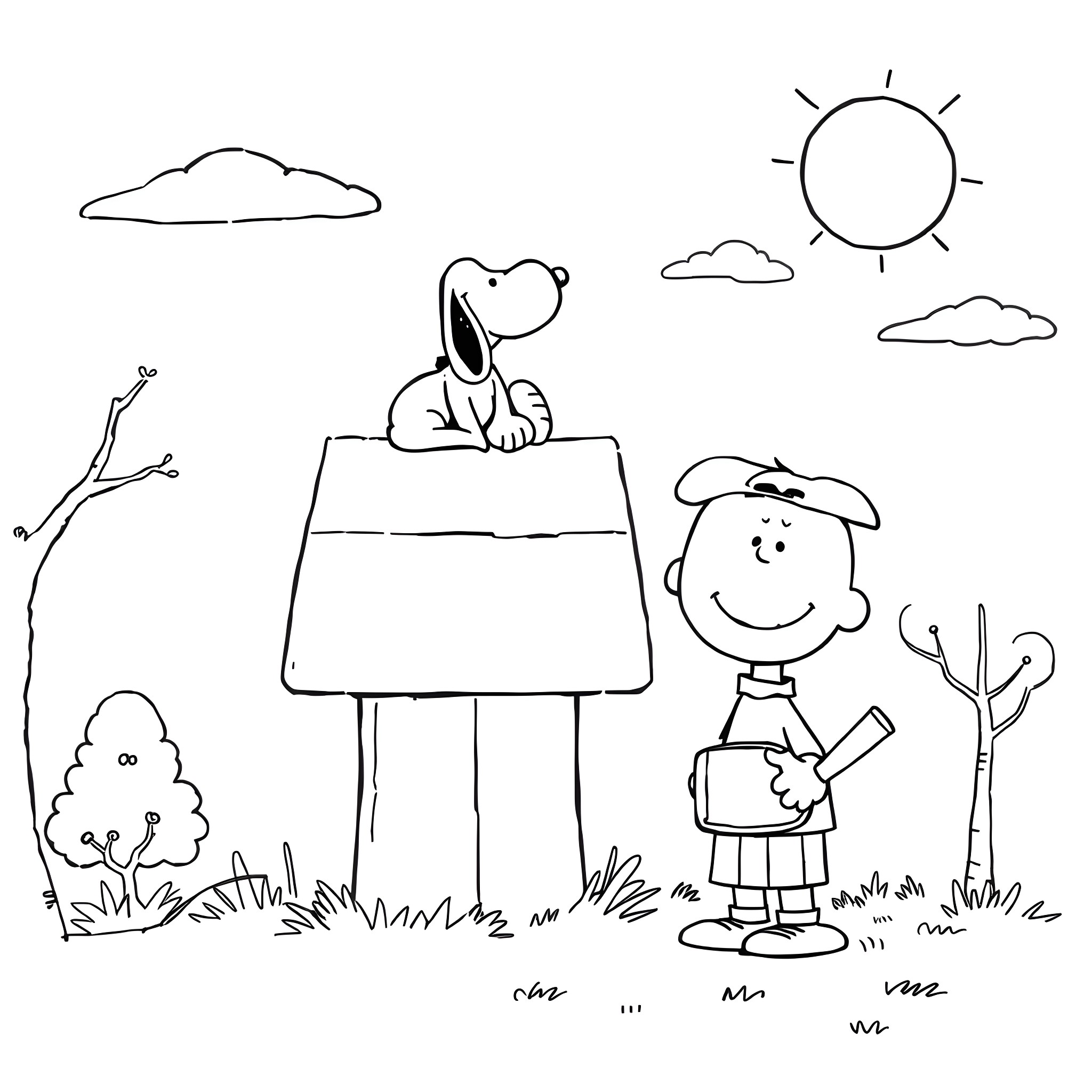 Snoopy painting with a young boy in a sunny outdoor scene Coloring Page (free black-and-white line drawing printable PDF for all, from beginners to advanced learners, including children, teens, adults, and seniors)