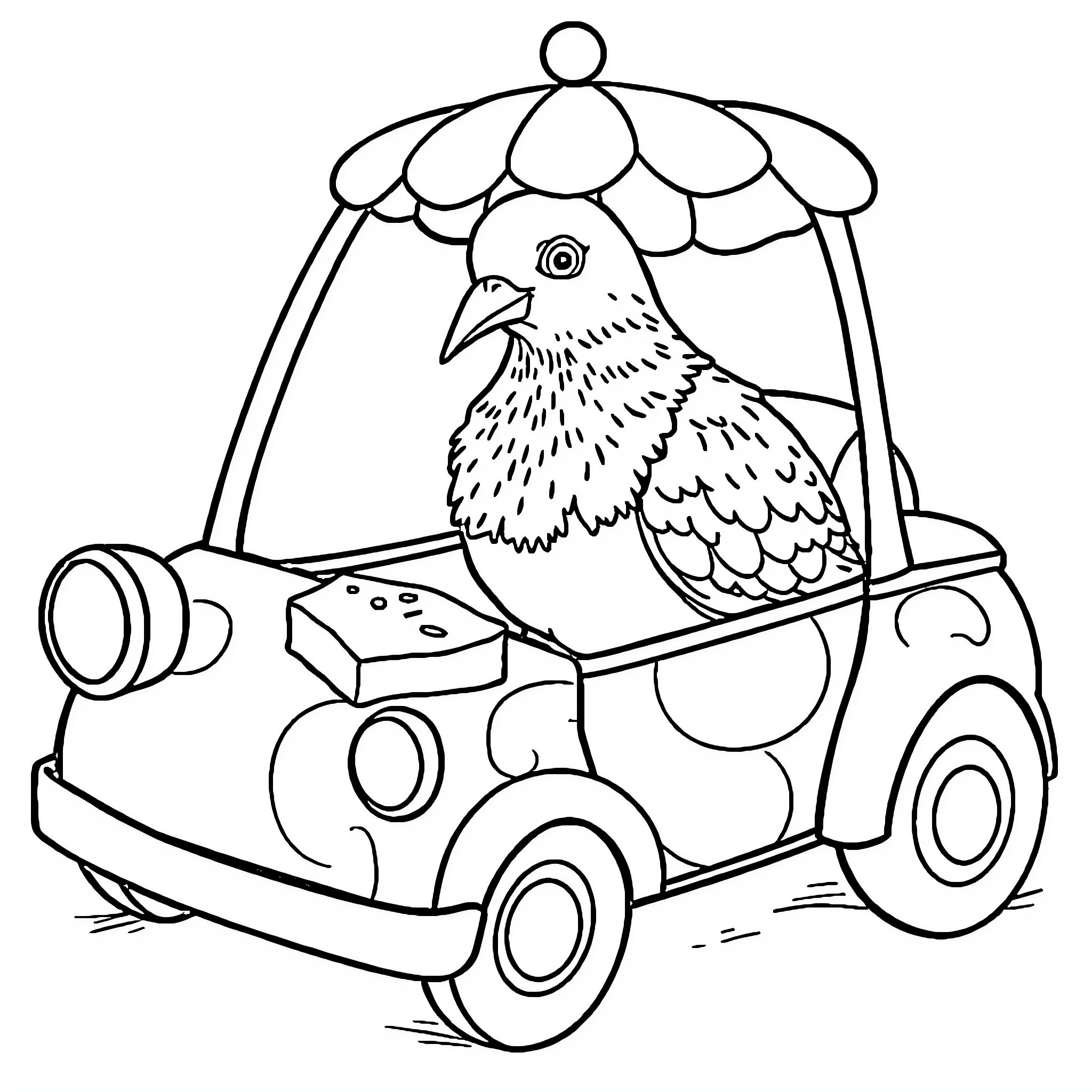 Pigeon riding a colorful car with umbrella Coloring Page (free black-and-white line drawing printable PDF for all, from beginners to advanced learners, including children, teens, adults, and seniors)