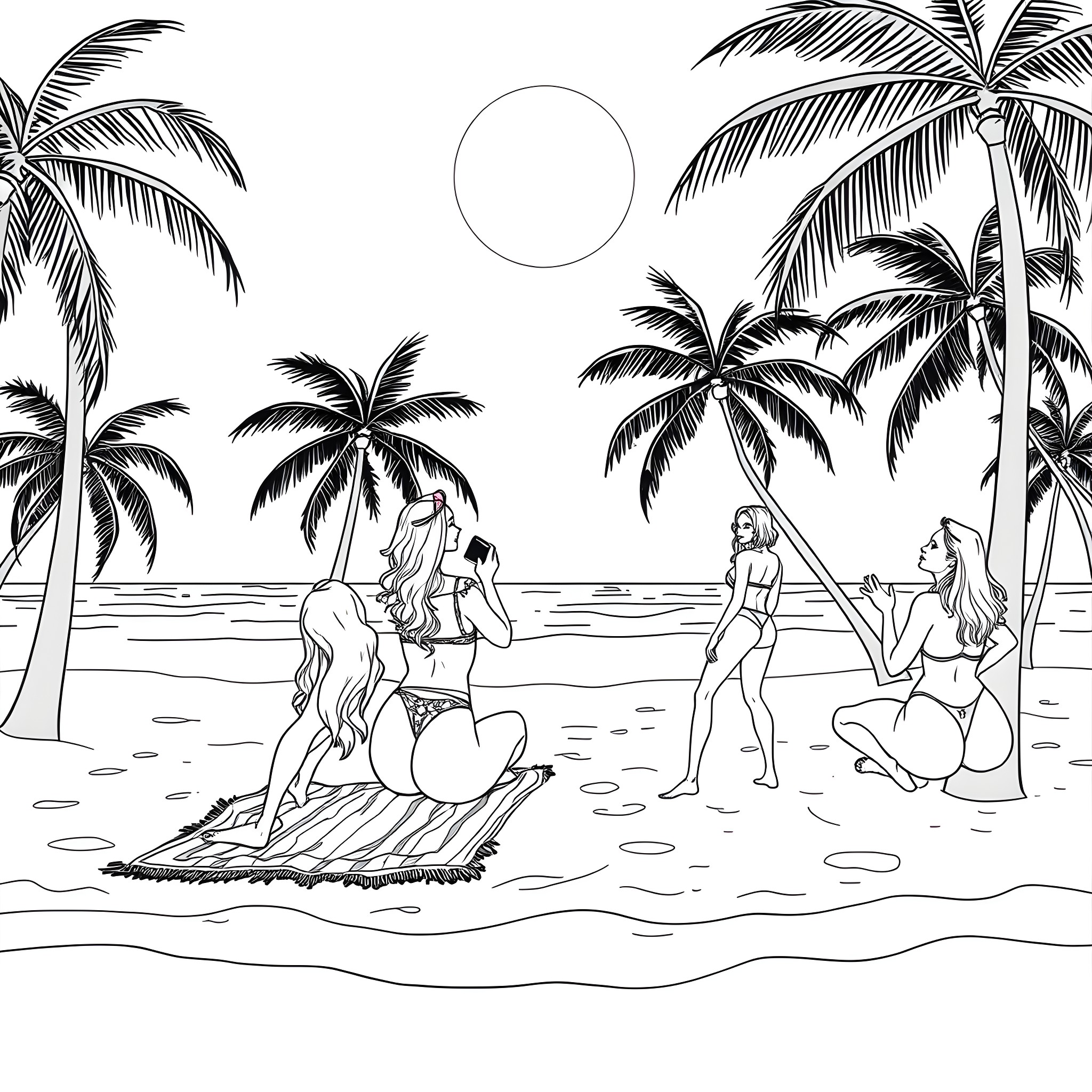 Woman enjoying beach activities with friends Coloring Page (free black-and-white line drawing printable PDF for all, from beginners to advanced learners, including children, teens, adults, and seniors)