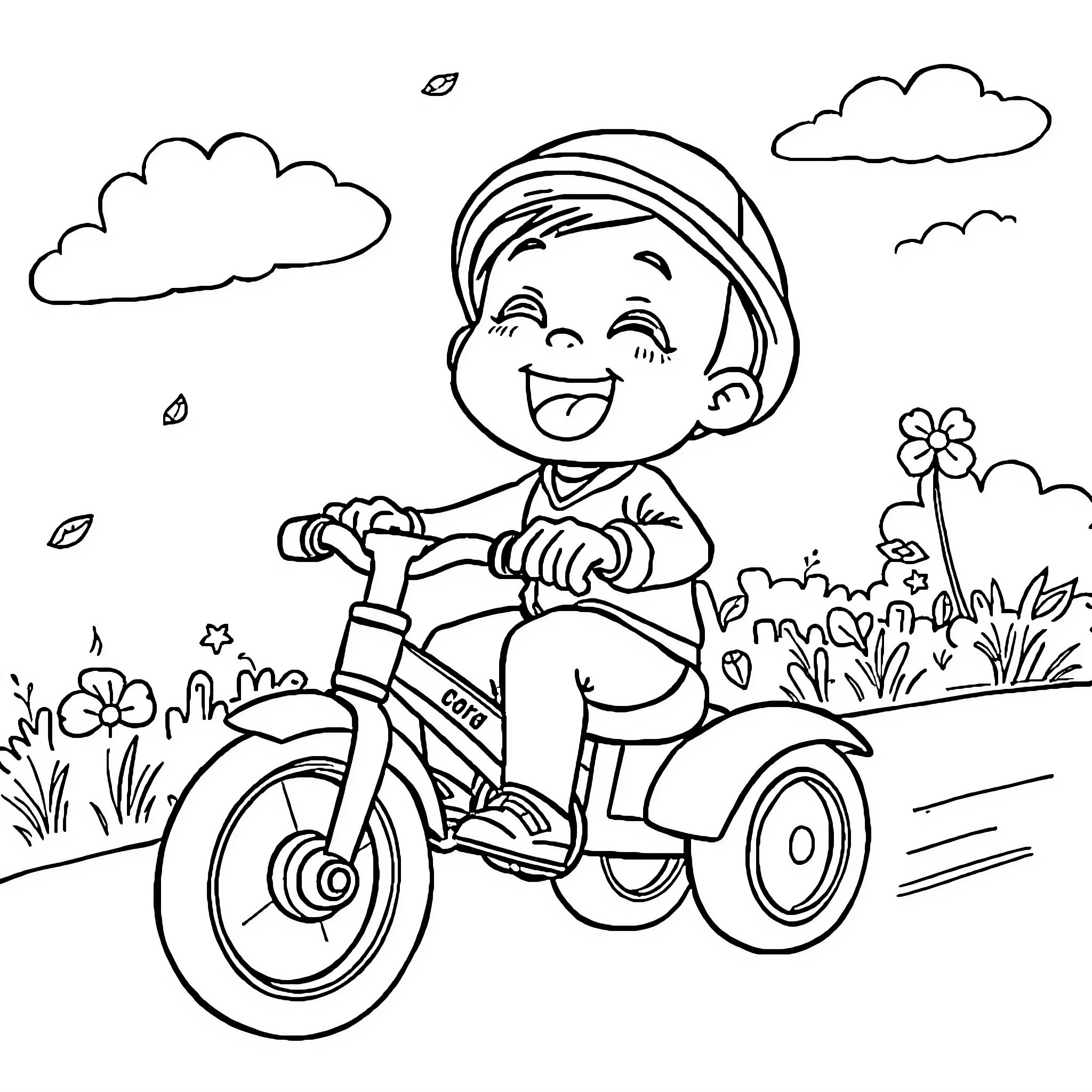 Sahur ride on a tricycle in the park Coloring Page (free black-and-white line drawing printable PDF for all, from beginners to advanced learners, including children, teens, adults, and seniors)