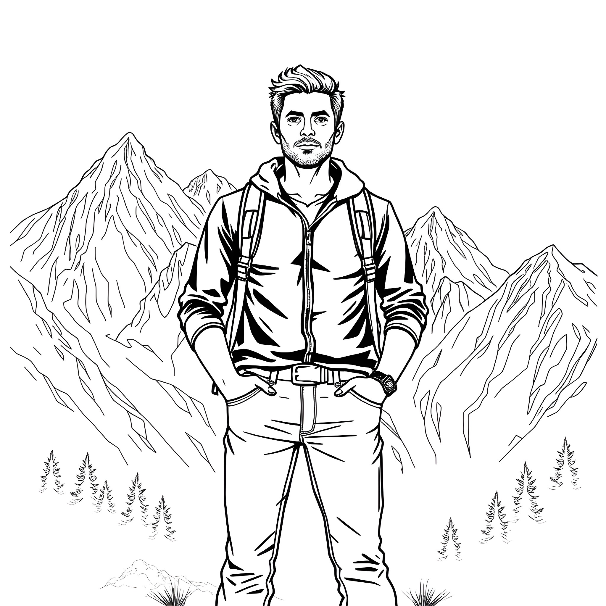 Mason Andrew Thompson Hiking in the Mountains Coloring Page (free black-and-white line drawing printable PDF for all, from beginners to advanced learners, including children, teens, adults, and seniors)