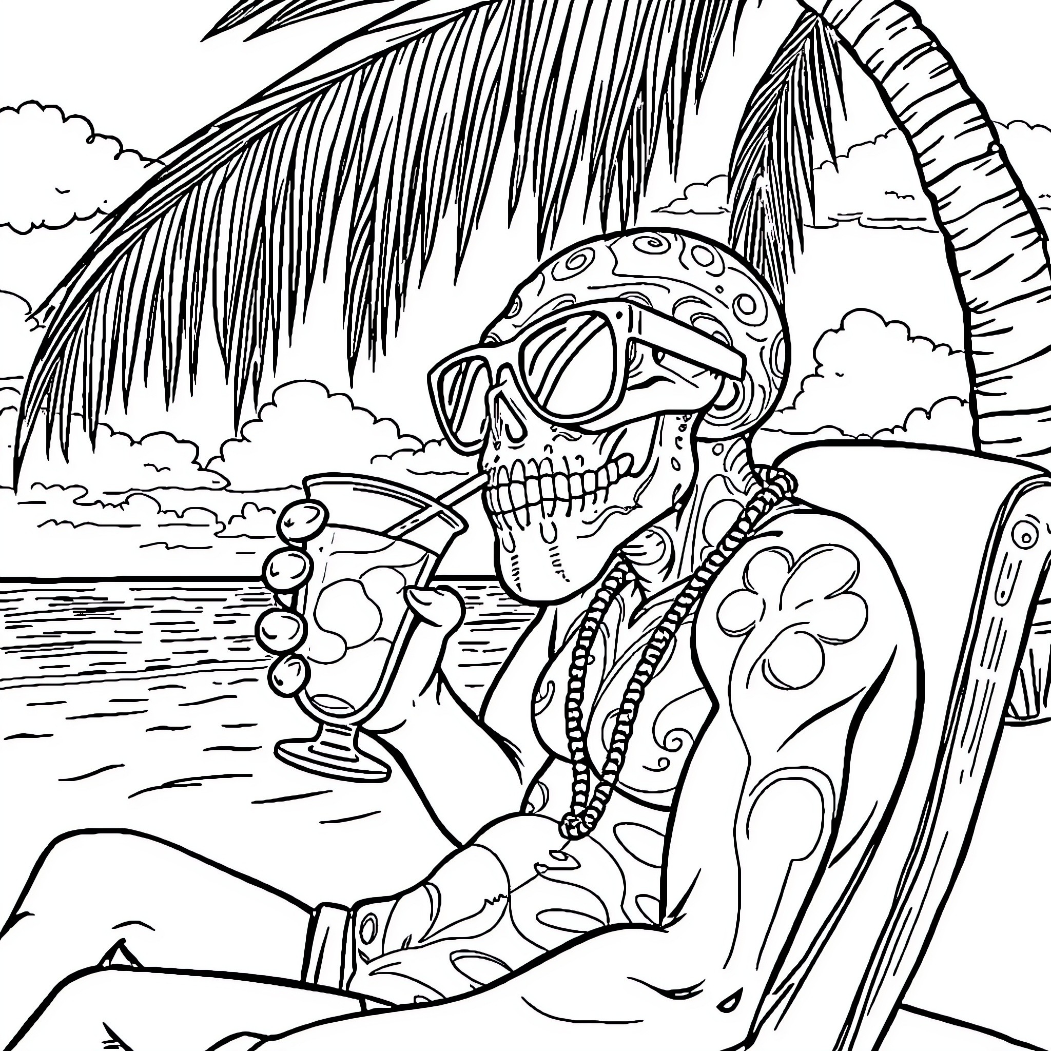 MindFlayer drinking cocktail on tropical beach Coloring Page (free black-and-white line drawing printable PDF for all, from beginners to advanced learners, including children, teens, adults, and seniors)