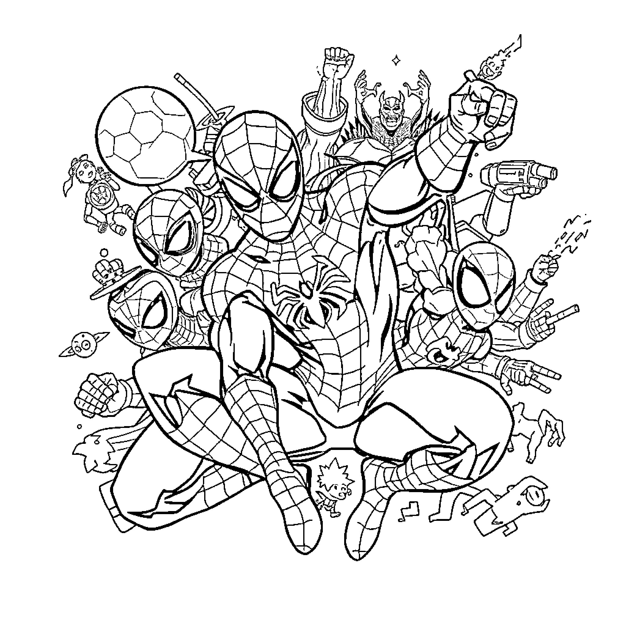 Spider-themed Heroes in Action Coloring Page (free black-and-white line drawing printable PDF for all, from beginners to advanced learners, including children, teens, adults, and seniors)